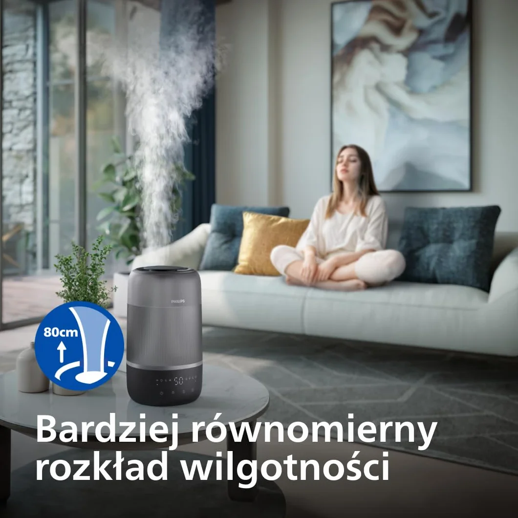 Philips Inteligentny nawilżacz, kompaktowy i mocny, z mgiełką Sky High, czas pracy do 32 godzin, aromaterapia, cichy, z ustawieniem snu i lampką nocną, do pomieszczeń o powierzchni do 41m² (HU1510/03)