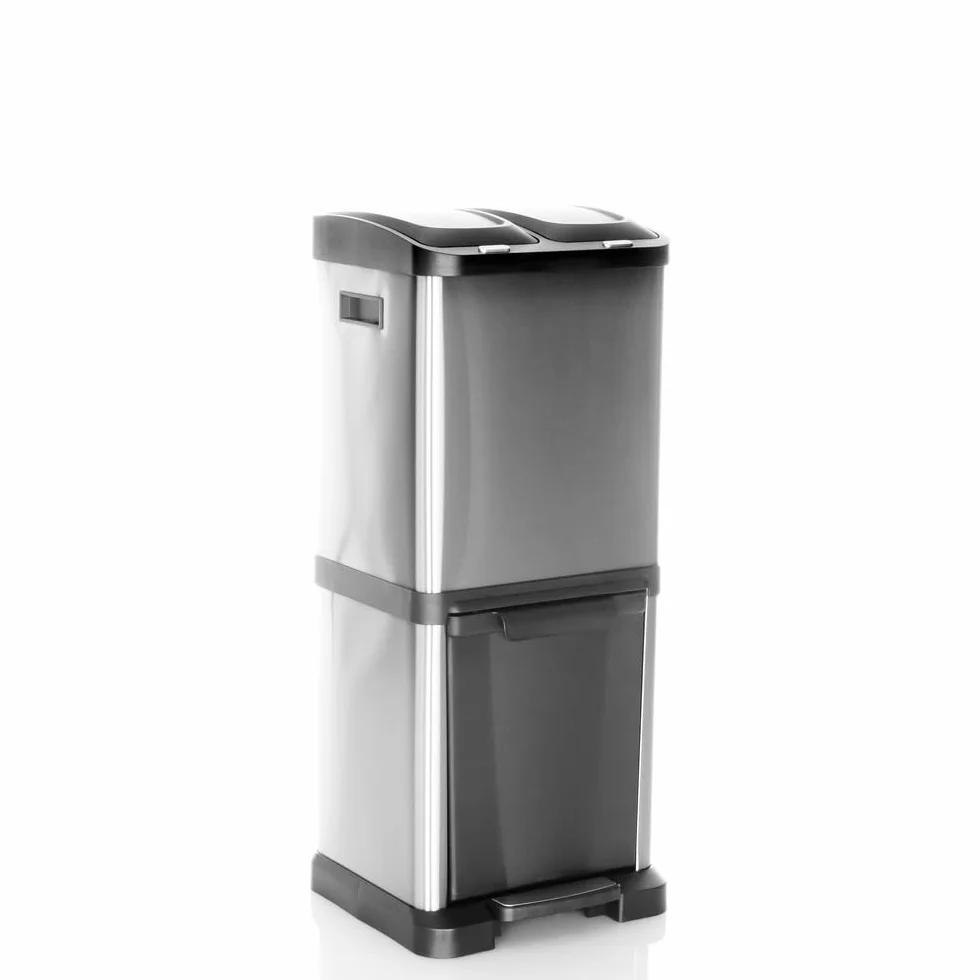 hjh OFFICE kosz na śmieci 3 komory 32 L CLEAN VII Metalowy system segregacji śmieci, 2x 8L + 1x 16L, uniwersalne zastosowanie, Srebrny, 741100