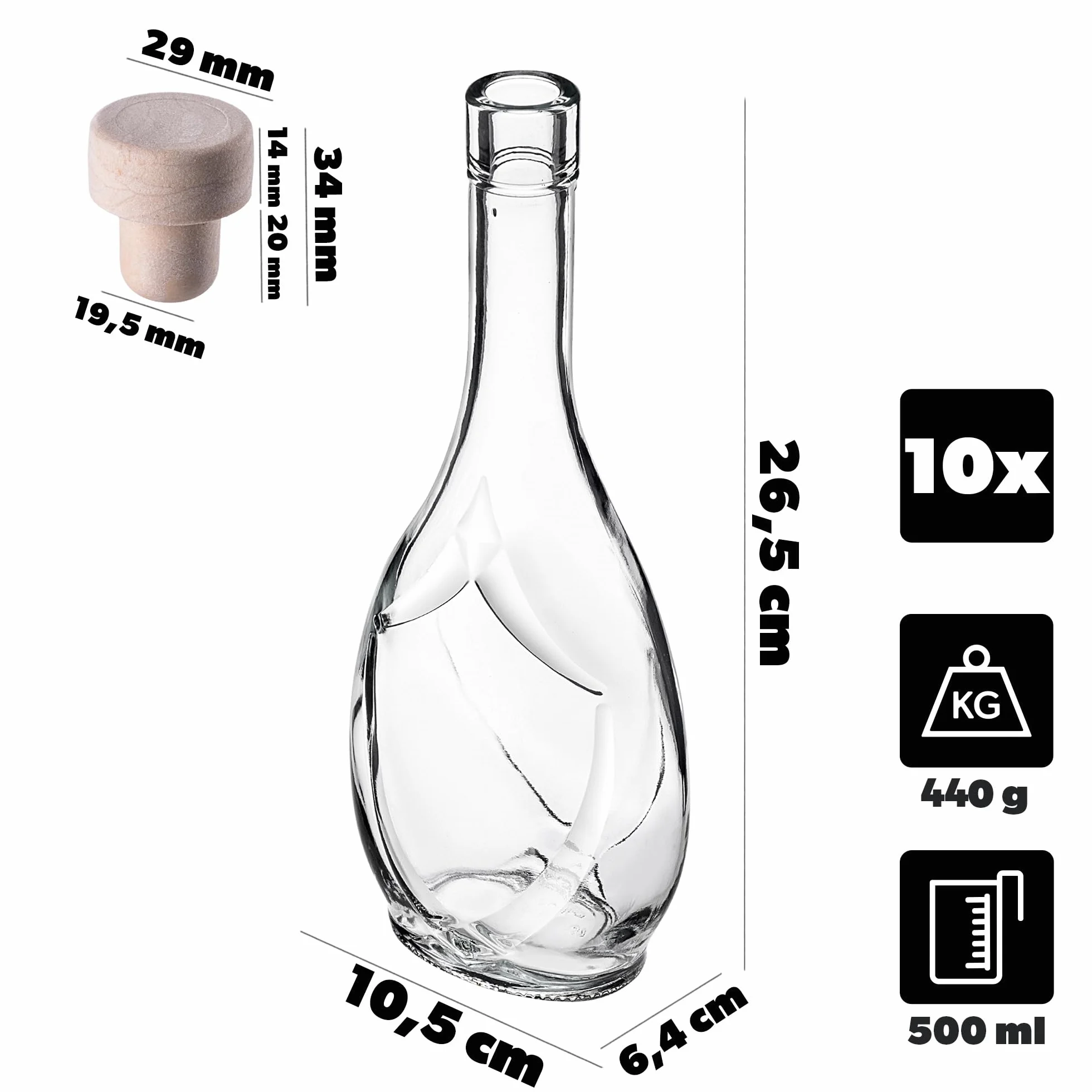 KADAX Zestaw 10 szt. Butelki z korkiem 500 ml do likierów, win i nalewek, szczelny korek chroni aromat, przezroczyste szkło ułatwia kontrolę