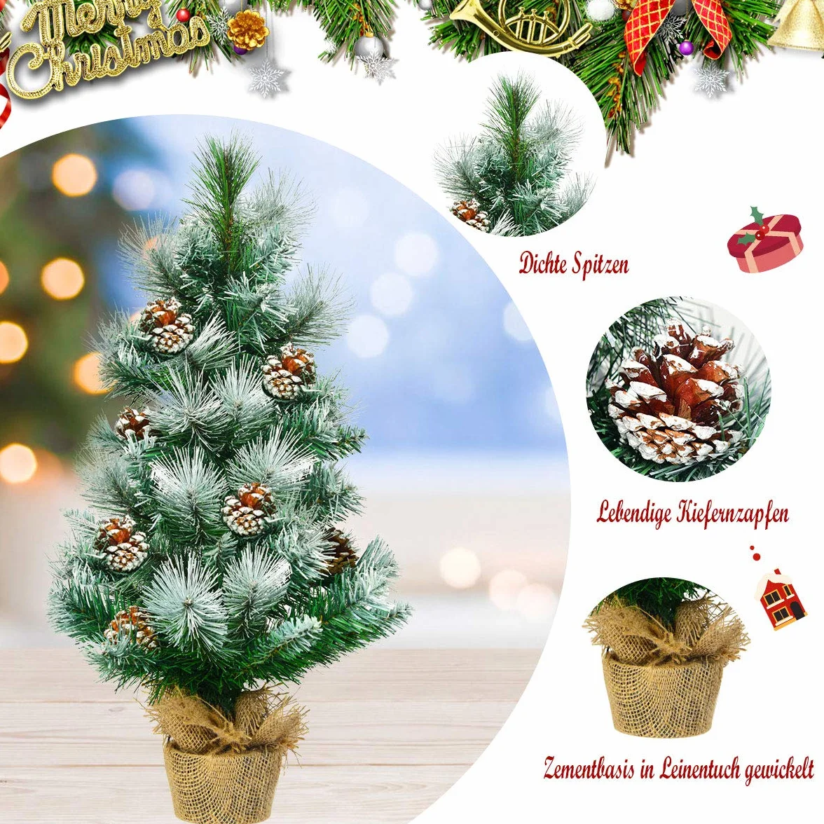 COSTWAY Sztuczna mini choinka 60 cm, stół z podstawą cementową, śnieżna choinka z szyszkami sosnowymi, sztuczne drzewko bożonarodzeniowe, 34 gałązki igieł PCW, zielona