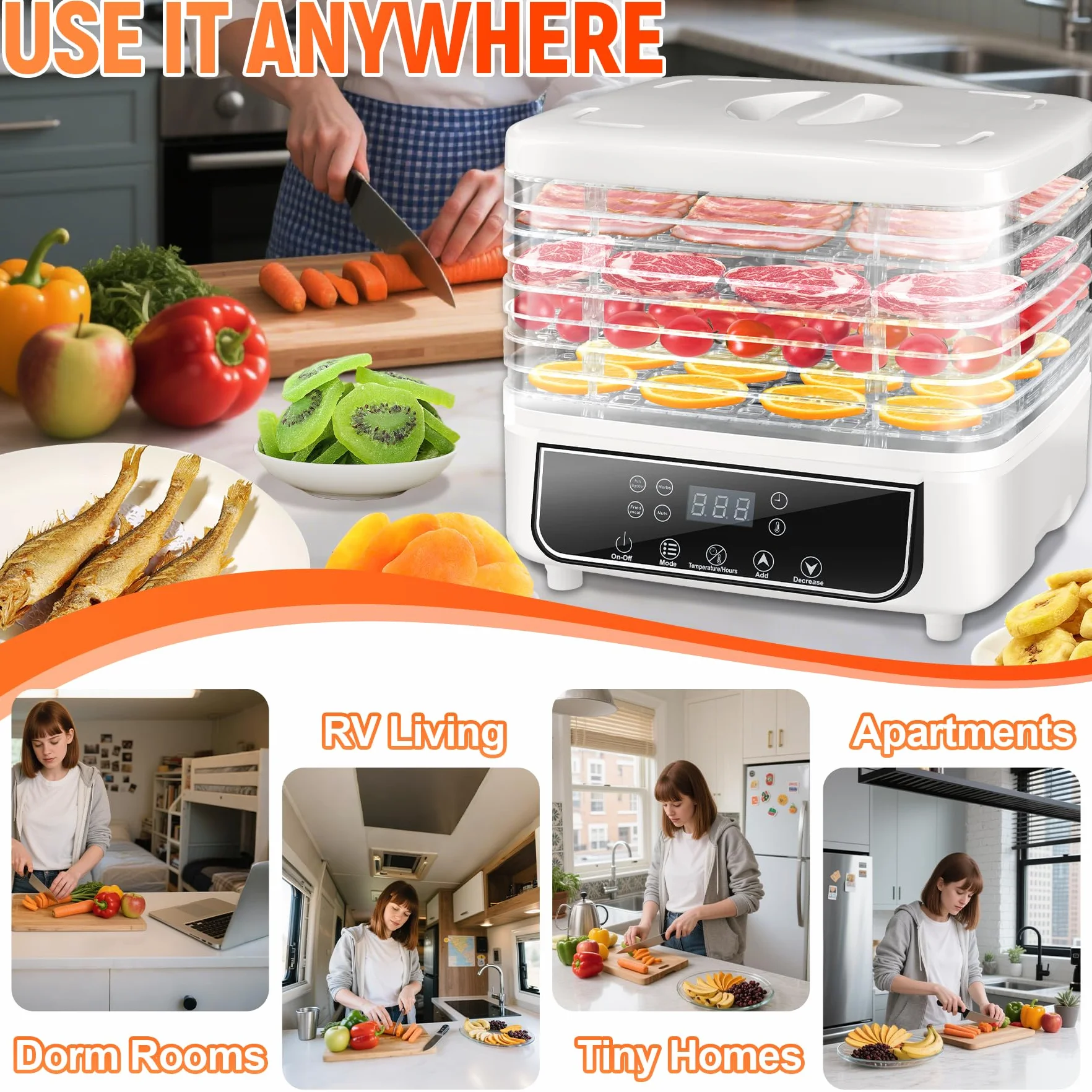 Suszarka z 5 tacami, suszarka do żywności z regulatorem temperatury 35-70°C i timerem 24h, wyświetlaczem LED, suszarką do owoców, odwadniacz do mięsa, owoców, warzyw