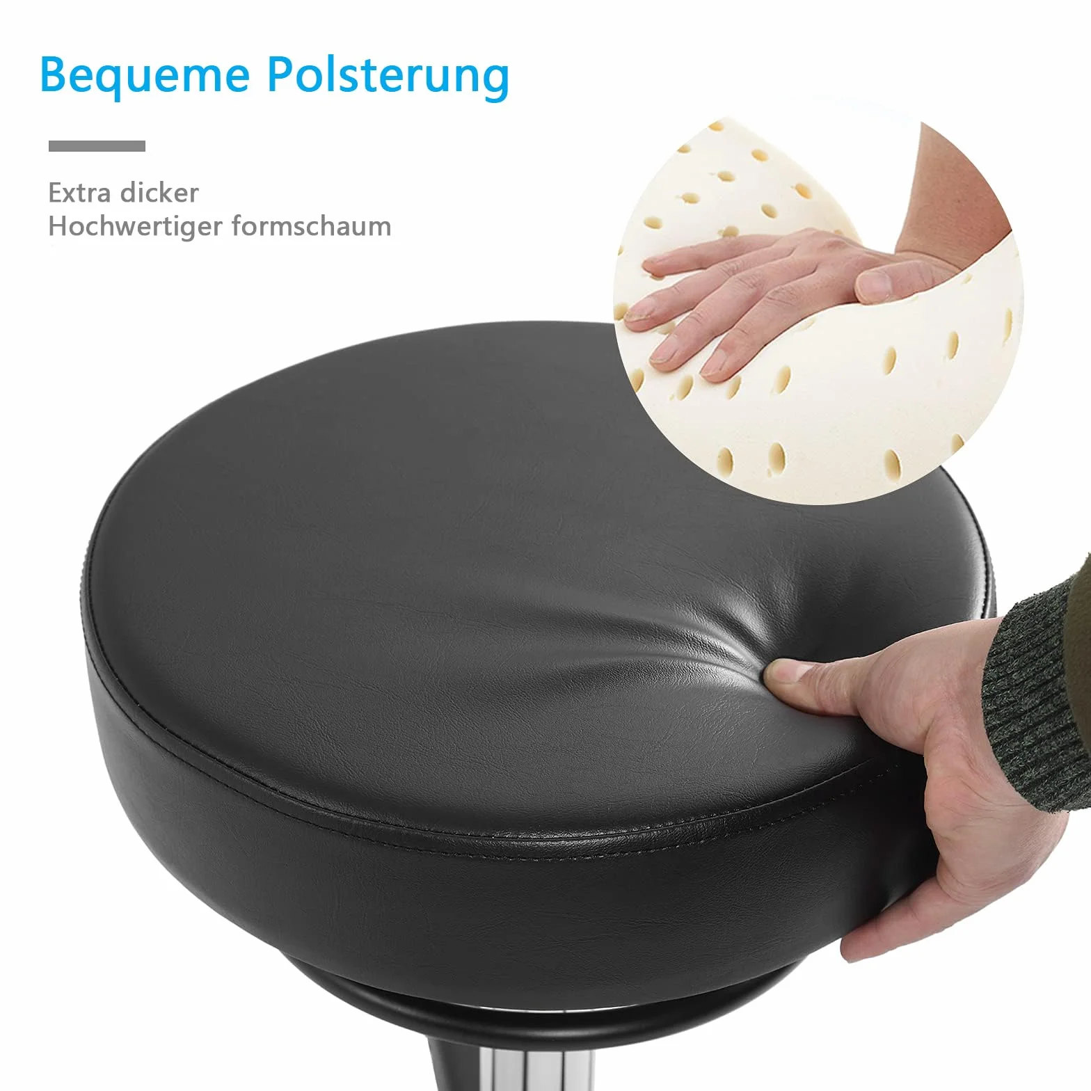 Taboret na kółkach z regulacją wysokości – 50 – 62 cm, obciążenie do 180 kg, taboret obrotowy o 360°, taboret do salonu i spa, ze skóry (czarny)