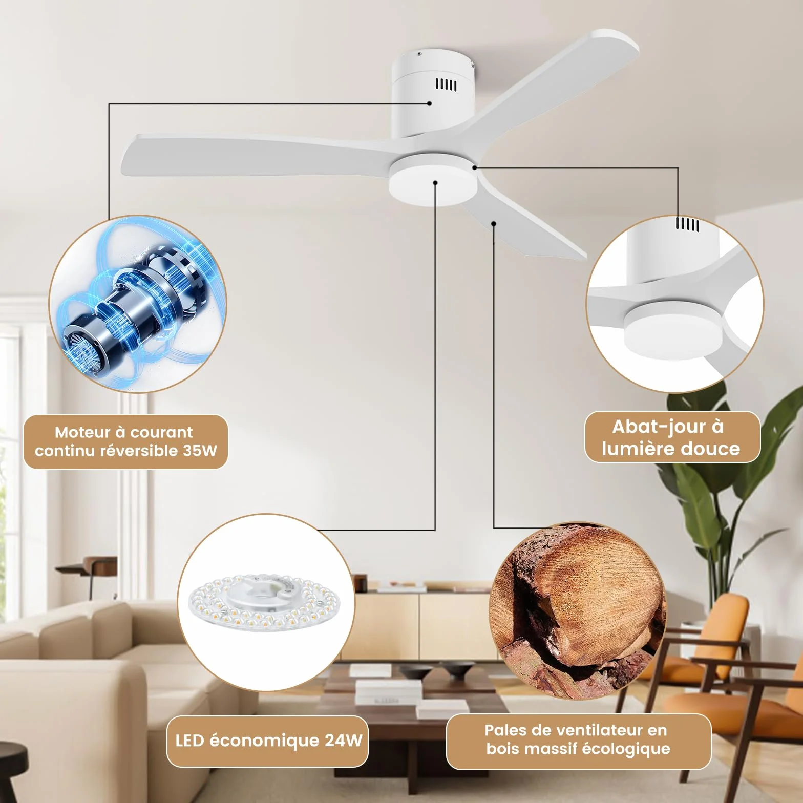 Drewniany wentylator sufitowy z oświetleniem, ściemnialne LED 24 W, cichy silnik DC 38 W, 132 cm, drewniany wentylator sufitowy z pilotem zdalnego sterowania z funkcją pamięci, 6 prędkości