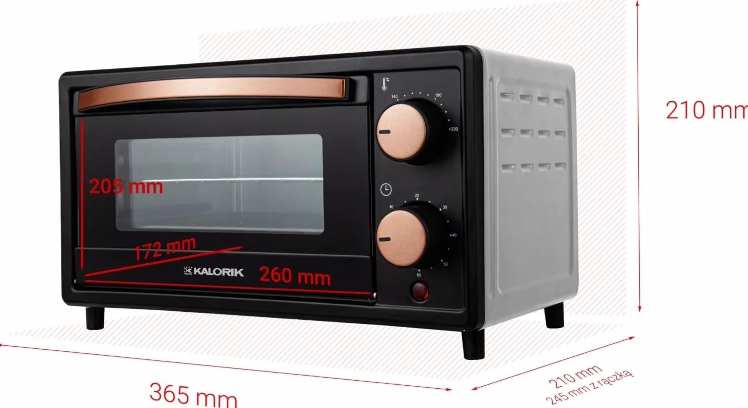 KALORIK Mini piekarnik OT2015CO, pojemność 10 l, czarny z miedzianymi akcentami, 800 W, energooszczędny z ogrzewaniem kwarcowym, timer do 60 min, podwójne szkło, blacha do pieczenia i ruszt do