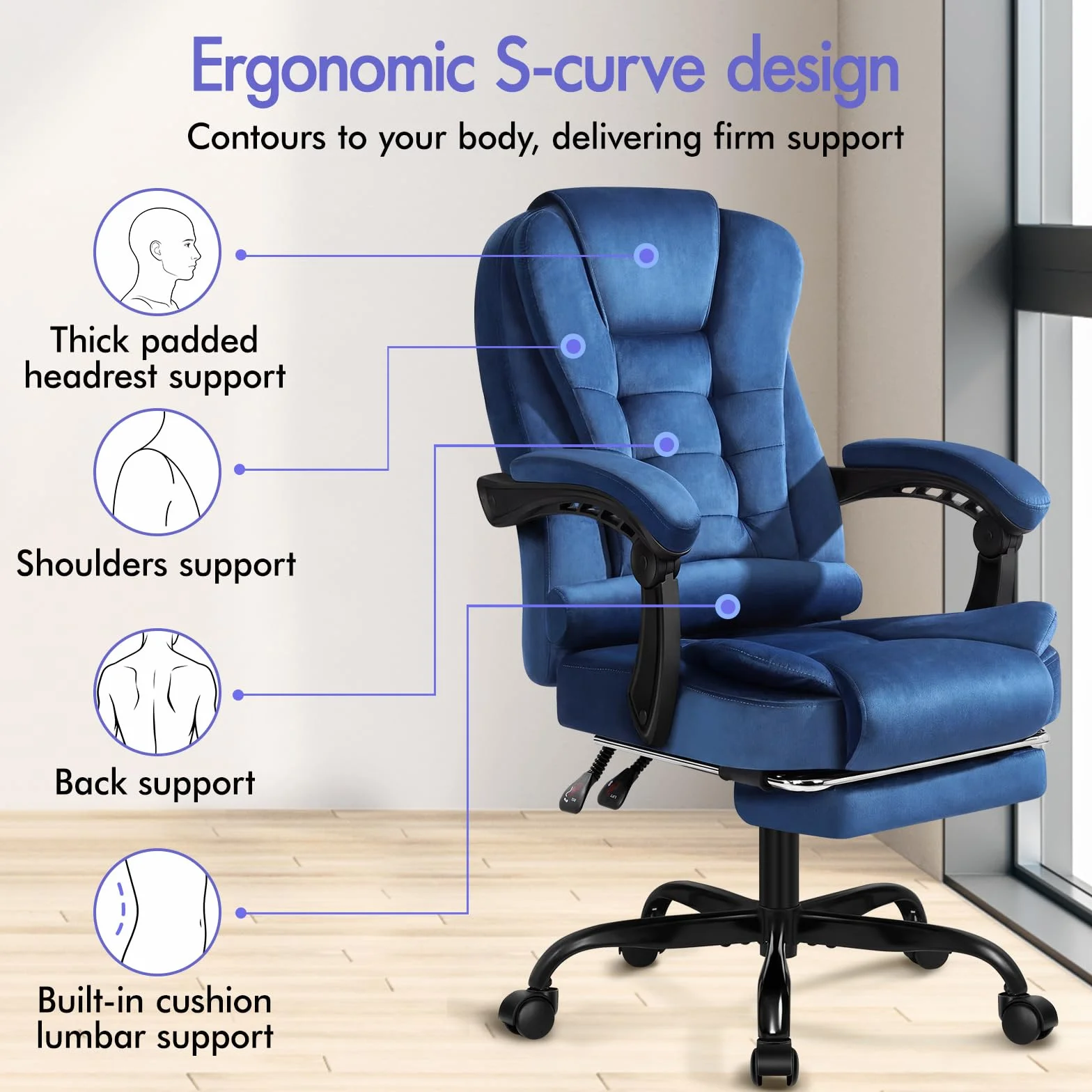 ALFORDSON Krzesło biurowe obrotowe gamingowe ergonomiczne z poduszką lędźwiową niebieskie