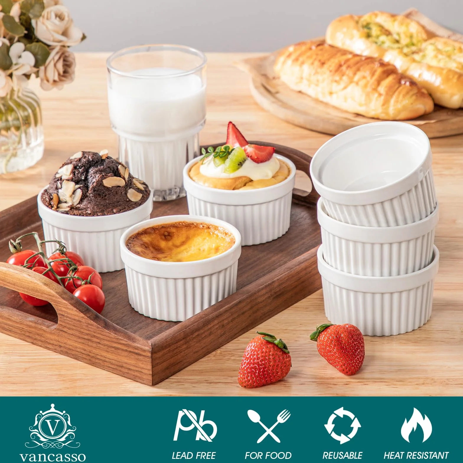 vancasso Ramekins 113 g, zestaw 6 naczyń do sufletu, biała porcelana, kremowe ramekiny, kubki do pieczenia pudddingu, owoców, dipów, zmywarki i piekarnika