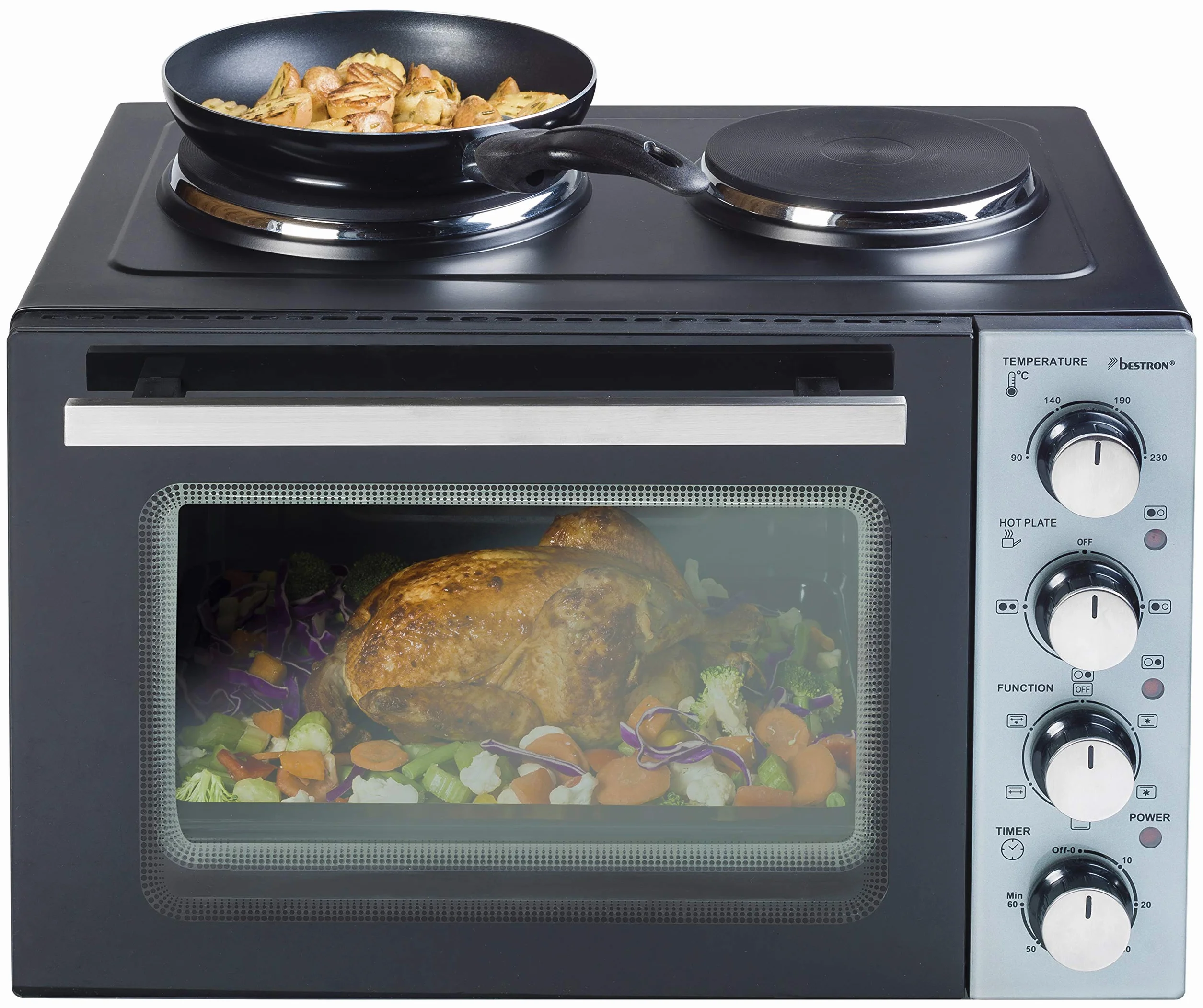 Bestron AOV31CP mała kuchnia, mini piekarnik z podwójną płytą grzewczą, górna/dolna grzałka z funkcją obiegu powietrza do 230°C, 3200 W, czarny