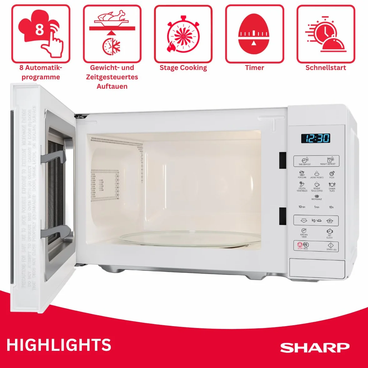 Sharp Kuchenka mikrofalowa YC-MS02E-C 20L, kryształowa biel, 800 W, sterowanie cyfrowe, 11 poziomów mocy, 8 programów, funkcja rozmrażania, tryb ECO, zabezpieczenie przed dziećmi