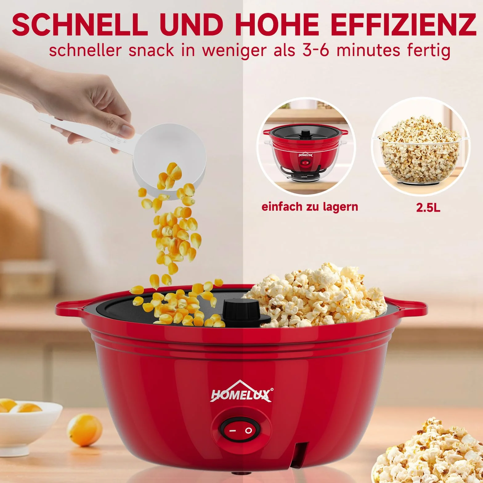 HOMELUX Maszyna do popcornu 450 W, z miarką z powłoką zapobiegającą przywieraniu, do domu, na imprezę, dla dzieci, pokrywka jako miska do serwowania, cicha i szybka czerwień