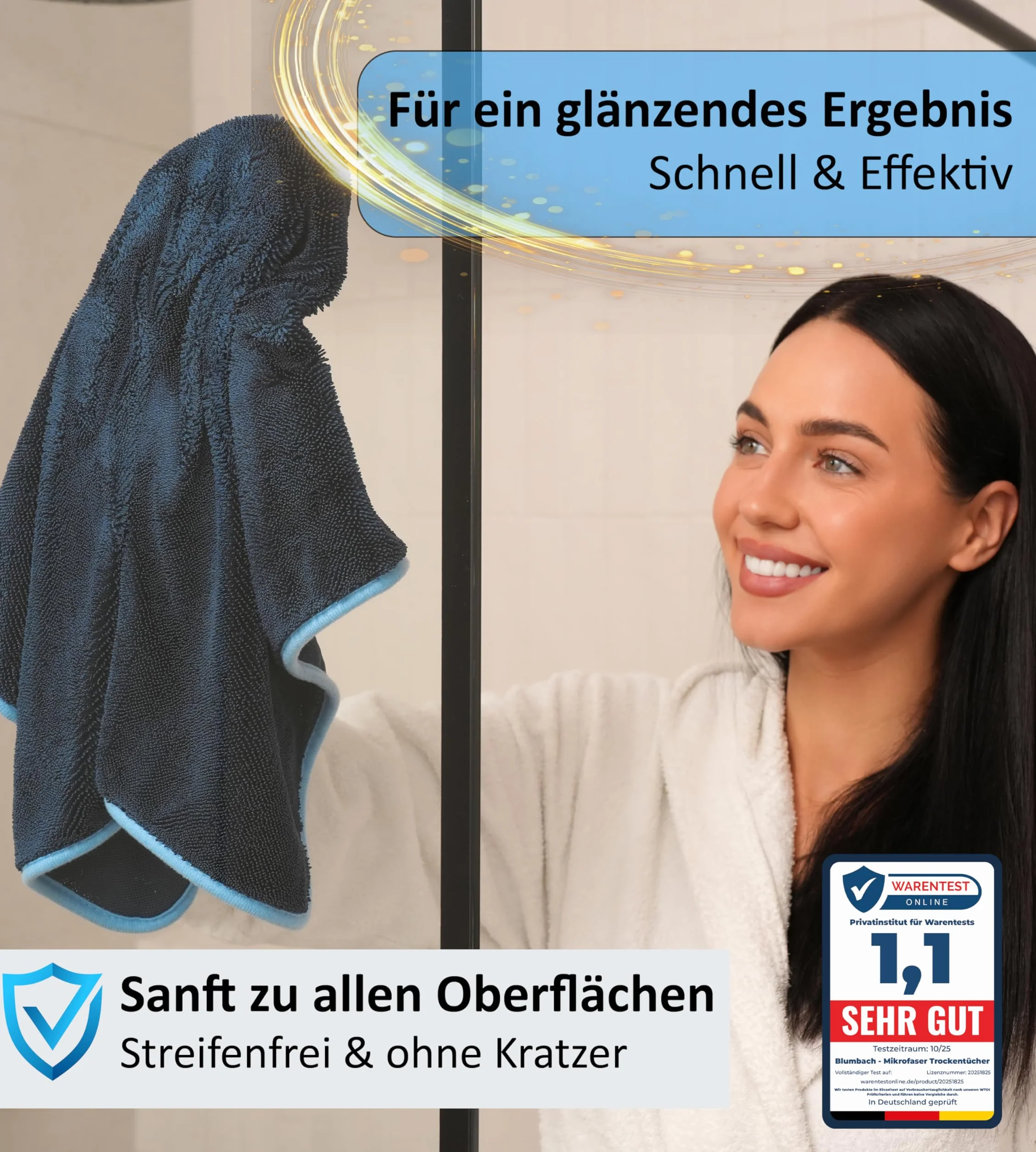 BLUMBACH® Ultra Wipes zestaw 3 ściereczek 700 GSM 40 x 40 cm, bardzo chłonna ściereczka do kabiny prysznicowej, w zestawie 2 haczyki samoprzylepne, ściereczki do czyszczenia, Fastdry, niemiecka marka