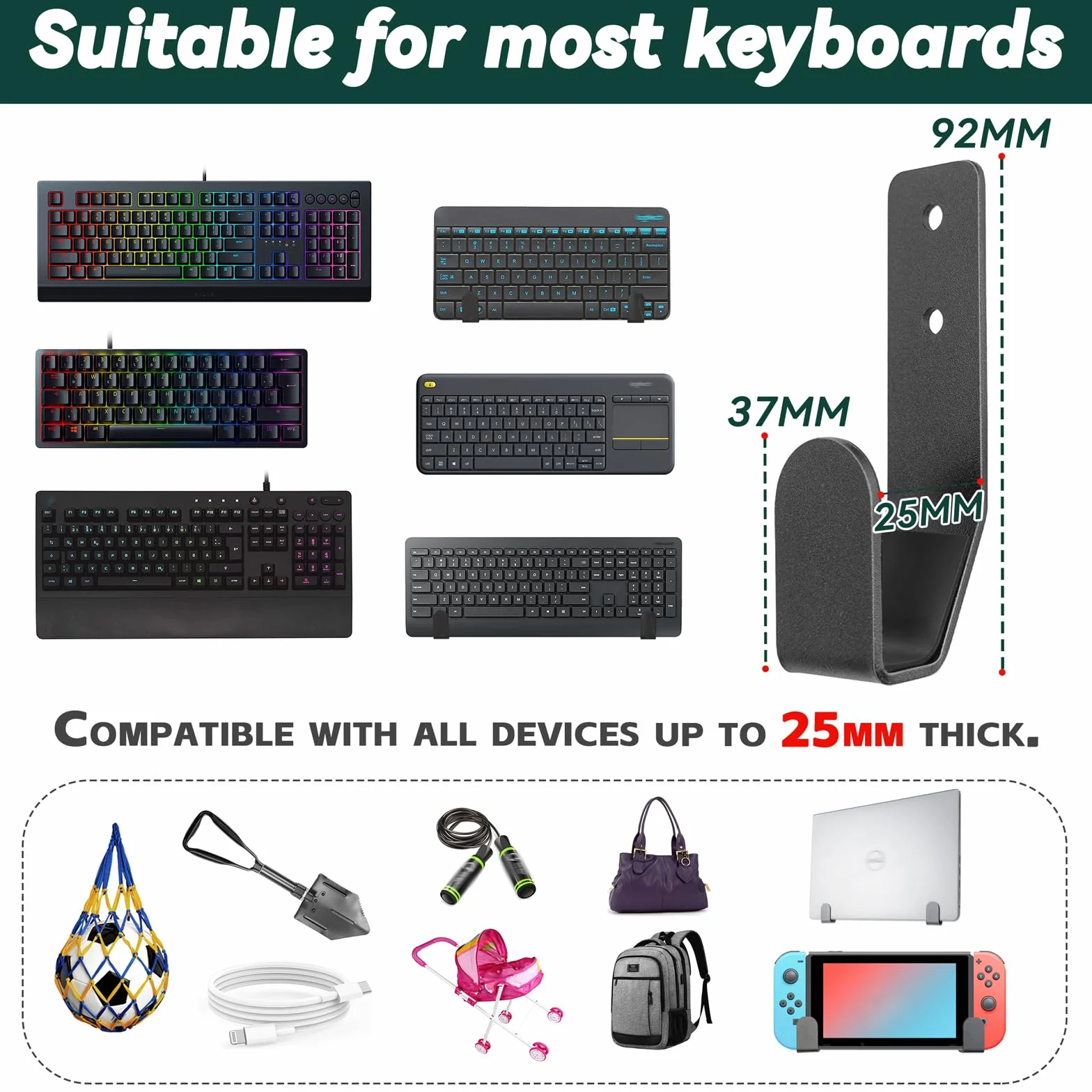 Logitech Stalowy uchwyt ścienny na klawiaturę do gier, uniwersalny przewodowy/bezprzewodowy, do urządzeń <2,5cm