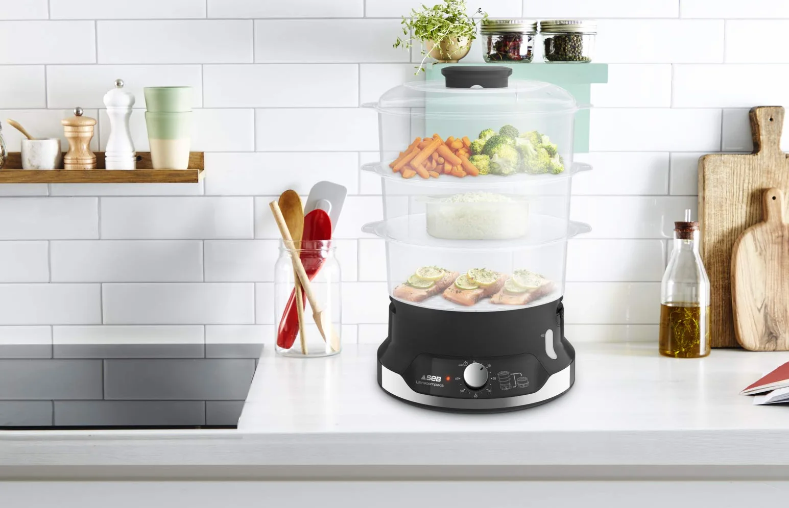 Tefal VC2048 Ultracompact parowar | system przechowywania w stos | zdrowe gotowanie | 3 nasadki bez BPA | timer 60-minutowy | napełnianie podczas gotowania | pojemność 9 l | w zestawie wkład do ryżu |