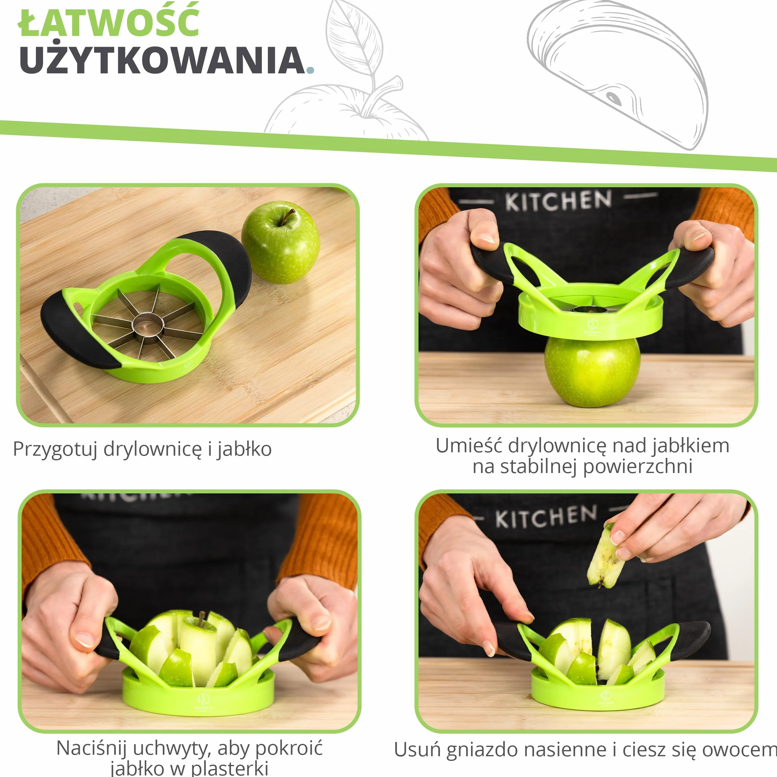 Oliver's Kitchen Wykrojnik i Drylownica do Jabłek – Szatkownica do Warzyw – Krajalnica z Antypoślizgowym Uchwytem