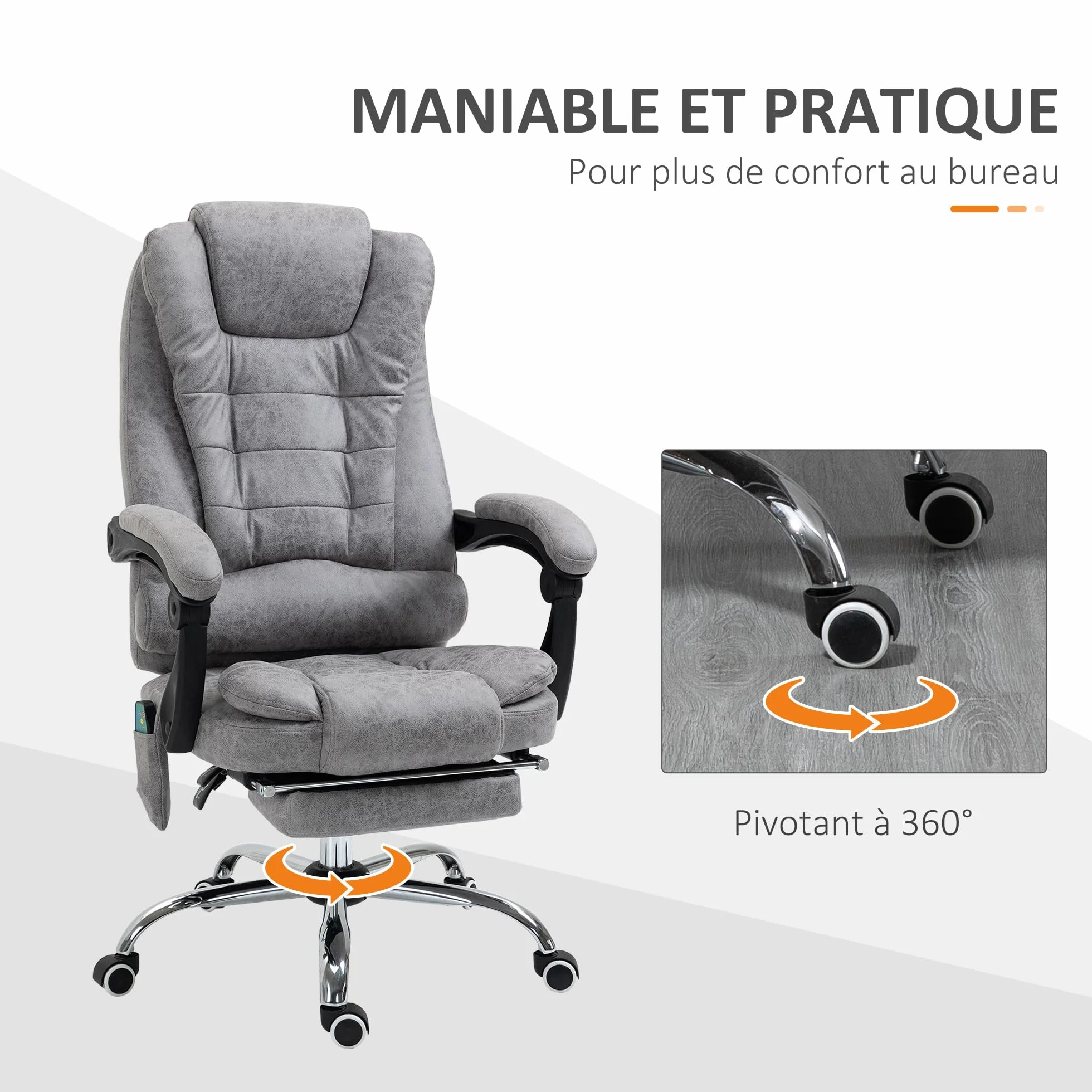 Vinsetto Fotel biurowy do masażu i ogrzewania, ergonomiczne krzesło biurowe z regulacją wysokości, odchylane oparcie, podnóżek, pilot przewodowy, obrotowy 360°, tkanina z mikrofibry, szary