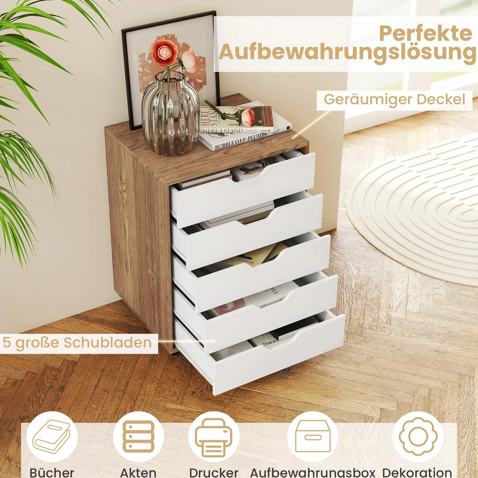 GOPLUS Kontener na kółkach z szufladami, szafka z szufladami na rolkach, wyciągane uchwyty, mobilna szafka na dokumenty, kontener biurowy na kółkach do sypialni, gabinetu i biura, 48 x 39,5 x 65,5 cm