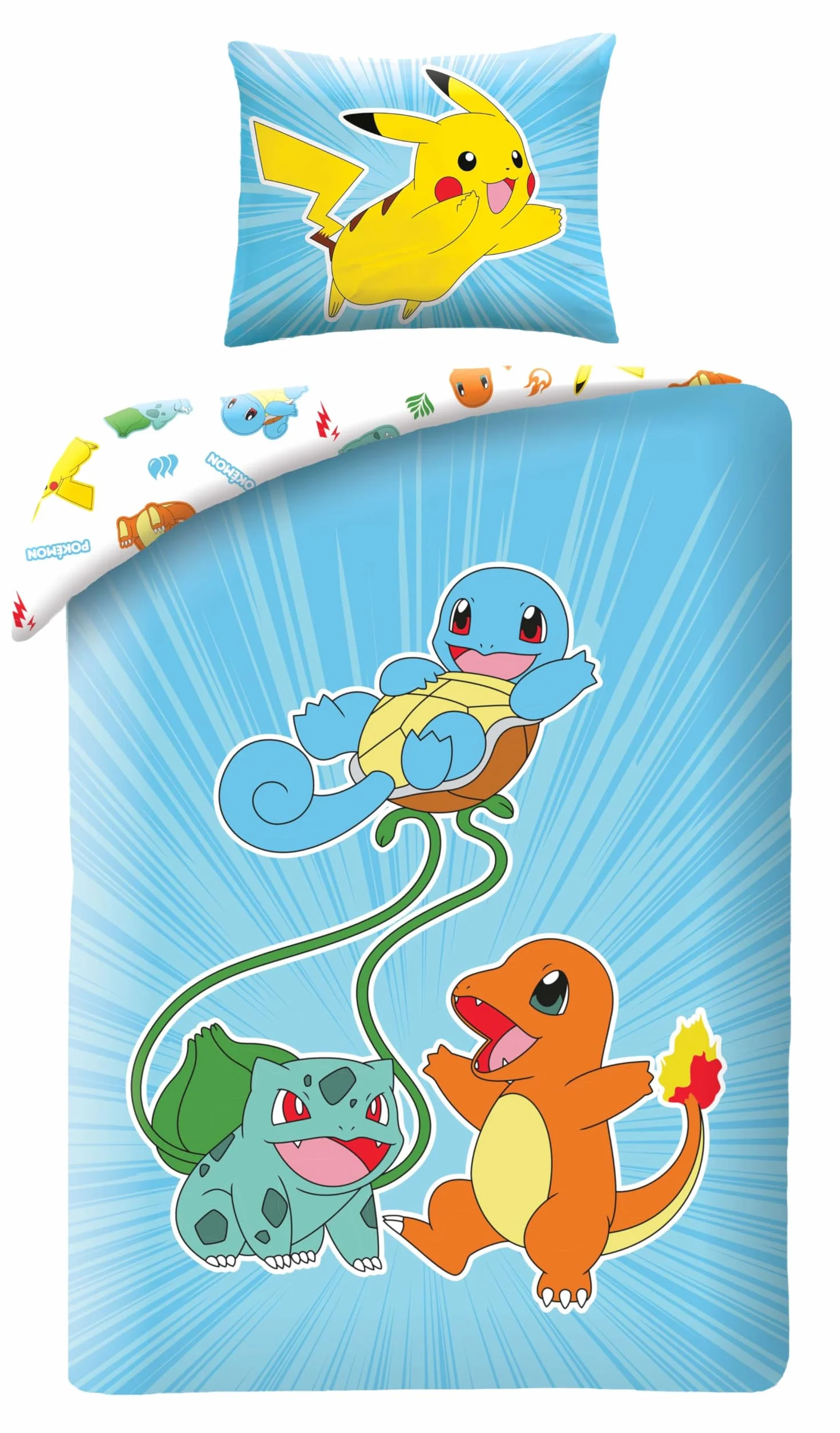 Pościel Pokemon 135 x 200 + 80 x 80 cm · Pokémon Pikachu, Glumanda, Schiggy & Bisasam · 2-częściowy komplet pościeli dziecięcej + poszewka na poduszkę · rozmiar niemiecki · mikrofibra
