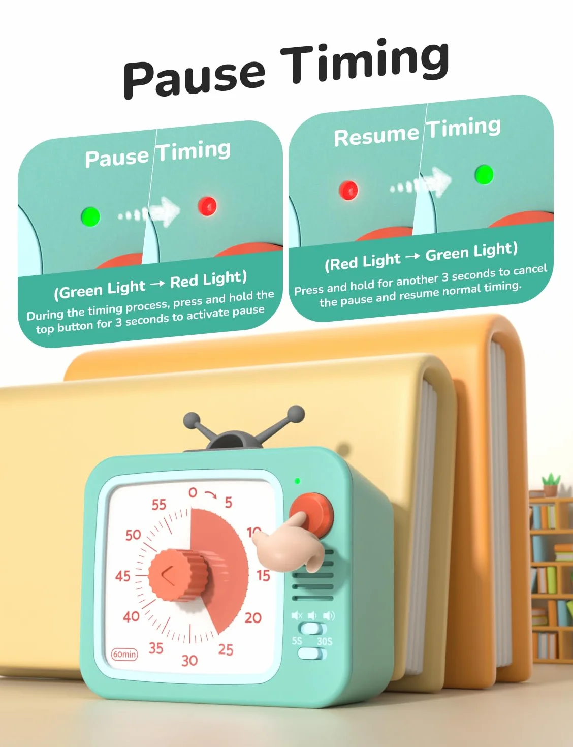 LIORQUE Wizualny timer dla dzieci, uroczy kreskówkowy design, 60-minutowy wizualny minutnik, odliczanie z cichą pracą, narzędzia do zarządzania czasem dla dzieci, do klasy, nauczania, gotowania