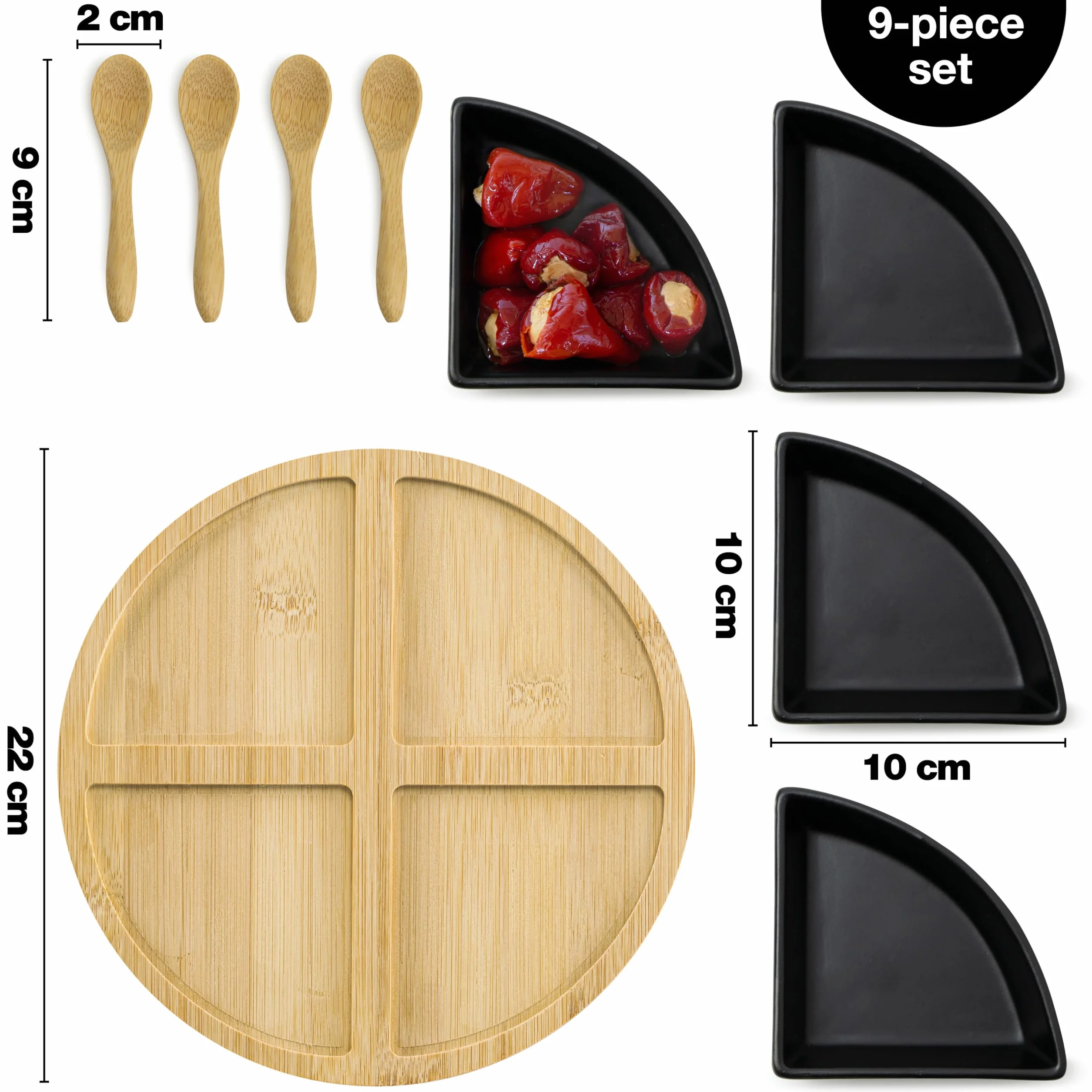 Moritz & Moritz Półmisek do serwowania z miseczkami Antipasti 22 cm – bambusowa taca do serwowania z ceramiczną miską, łyżka bambusowa – zestaw miseczek na przystawki, dipy i przekąski