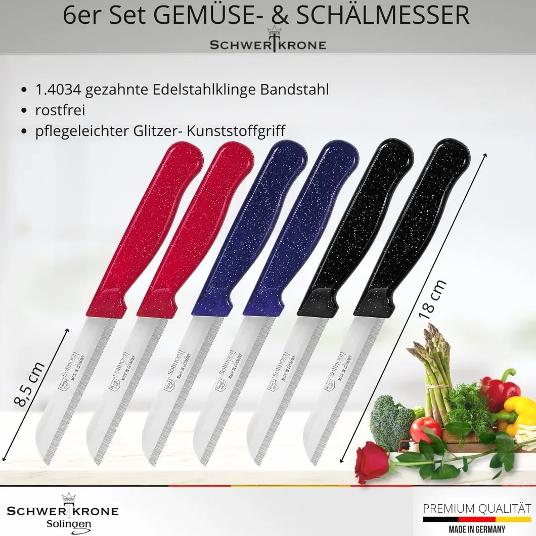 Schwertkrone® Zestaw 6 noży szybkich [WYROBIONEO W SOLINGEN - NIEMCY] - nóż do warzyw, nóż do owoców - długi, ostry, ząbkowany nóż kuchenny - nóż do krojenia ziemniaków - nóż uniwersalny (6x ostrze 9
