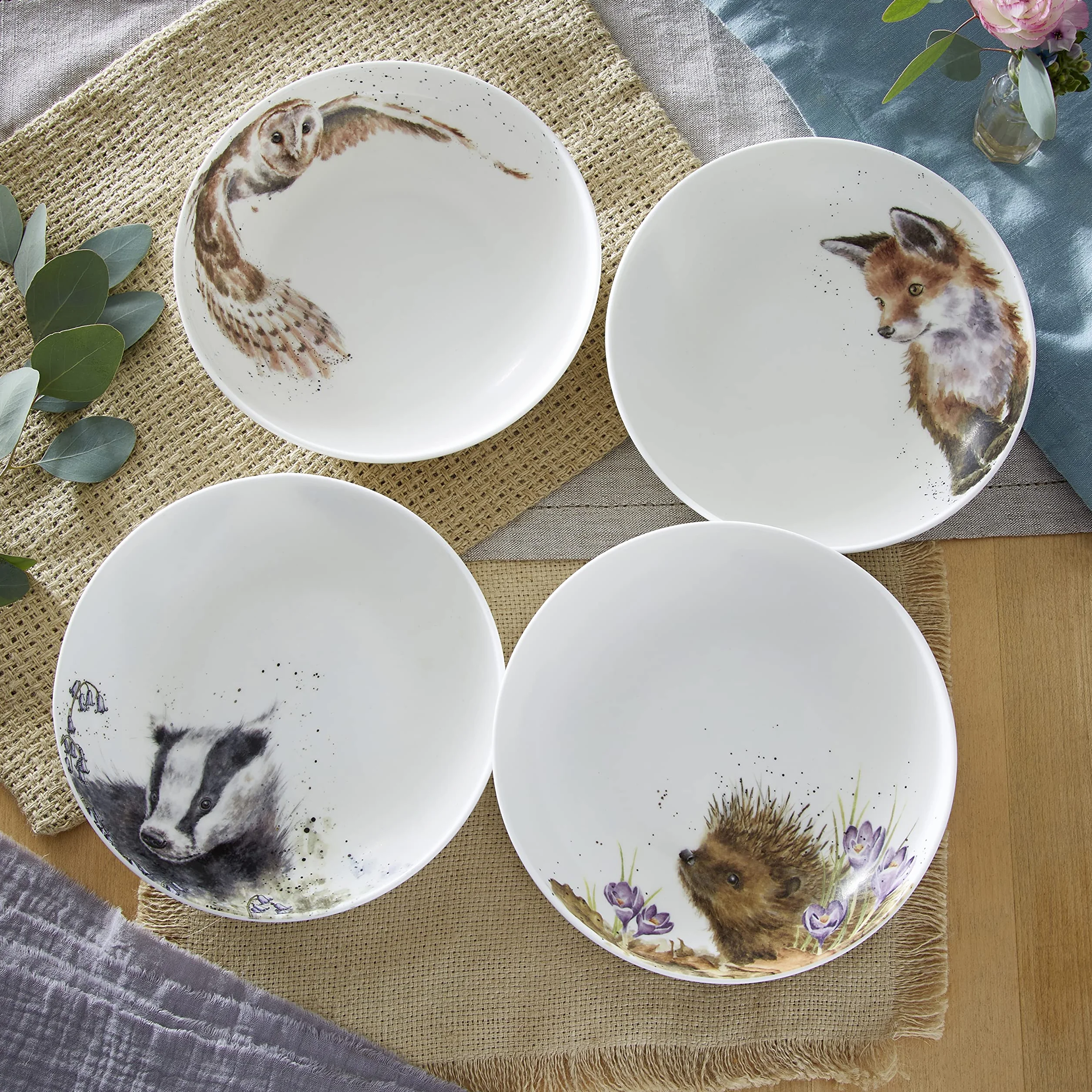 Wrendale Designs Royal Worcester ceramiczna miska do makaronu, jeż, borsuk, lis i sowa, zestaw 4 szt