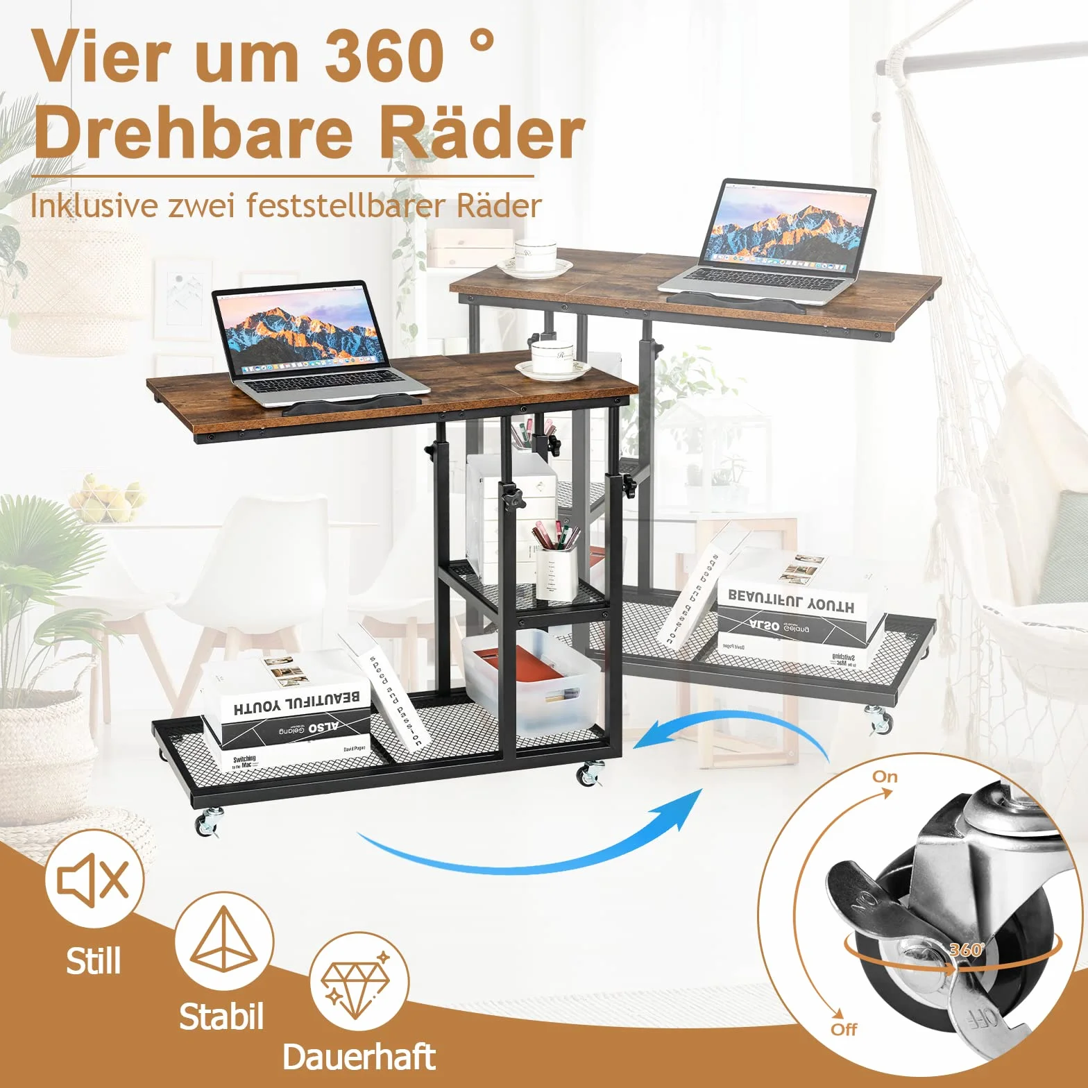 GOPLUS Stolik boczny regulowany z kółkami, stolik na laptopa industrialny 5 półek, stolik kawowy w kształcie C, drewniany do sofy (brązowy)