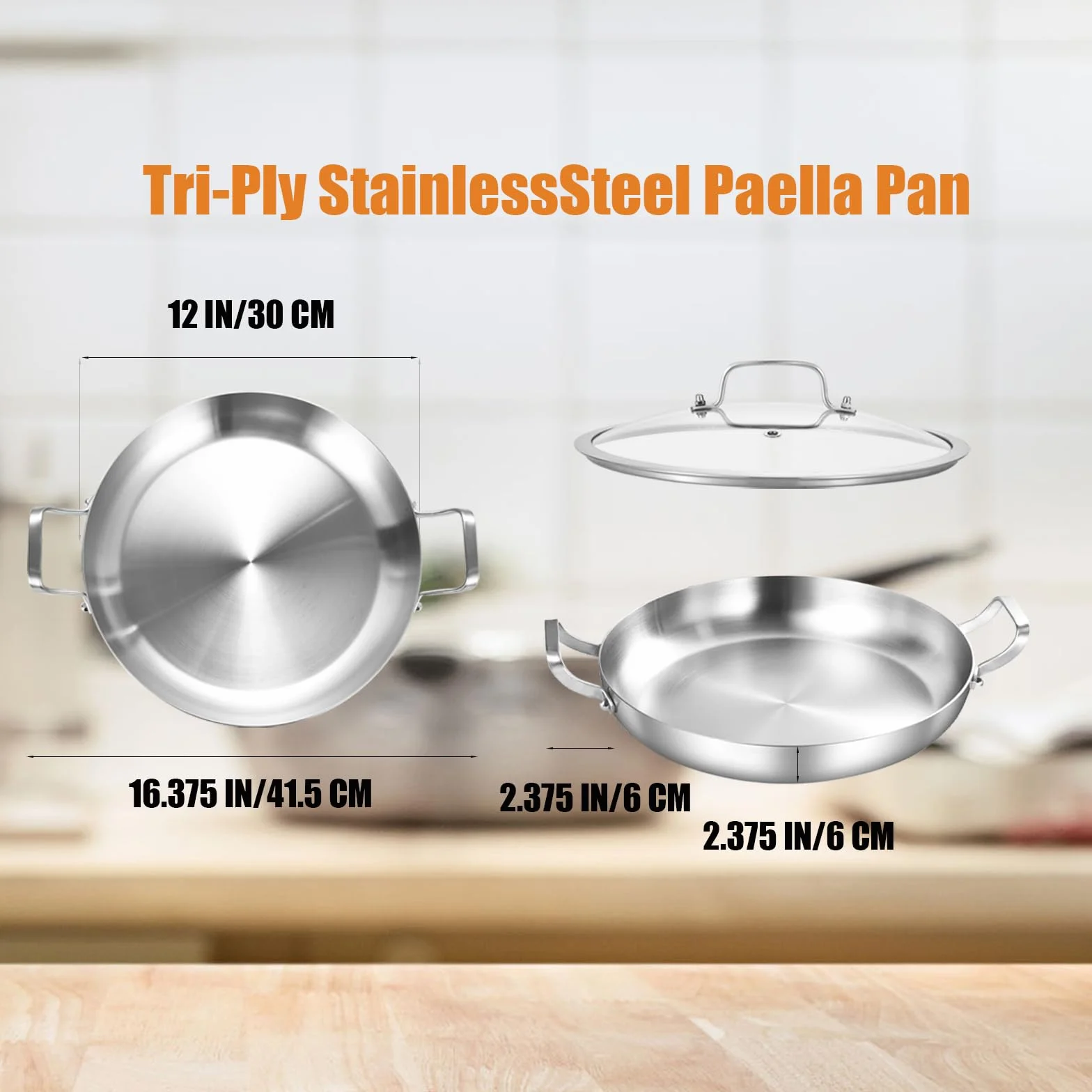 Inqibee Patelnia do paelli ze stali nierdzewnej 30 cm z pokrywką, kompatybilna z indukcją