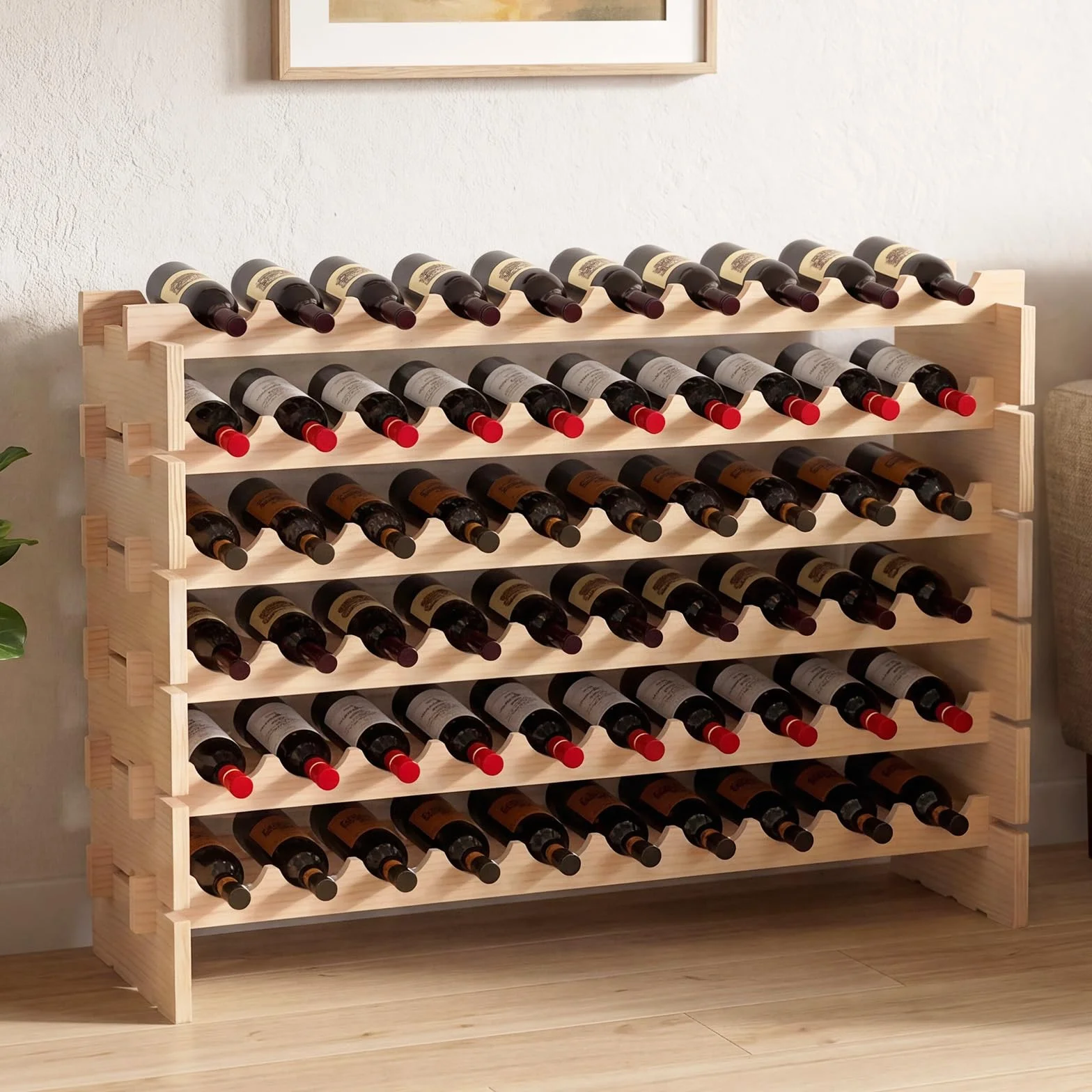GIANTEX Stojak na wino z drewna sosnowego na 60 butelek, wolnostojąca półka 6 poziomów, 101 x 29 x 73 cm, układany w stos uchwyt na butelki do piwnicy, baru, jadalni, naturalny