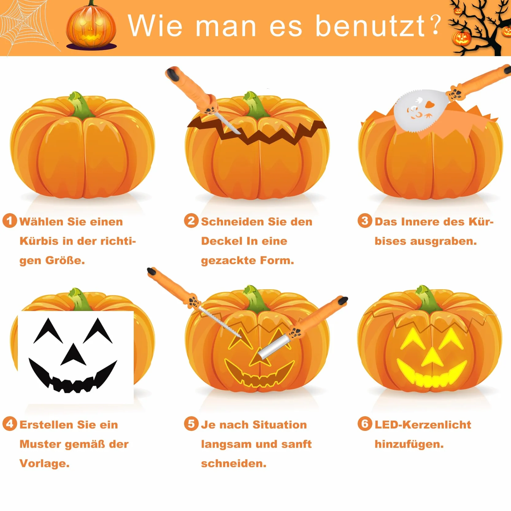 COOLUCK zestaw do rzeźbienia w dyni – 11 narzędzi do rzeźbienia na Halloween, zestaw z torbą do przenoszenia i 10 szablonów rzeźbići