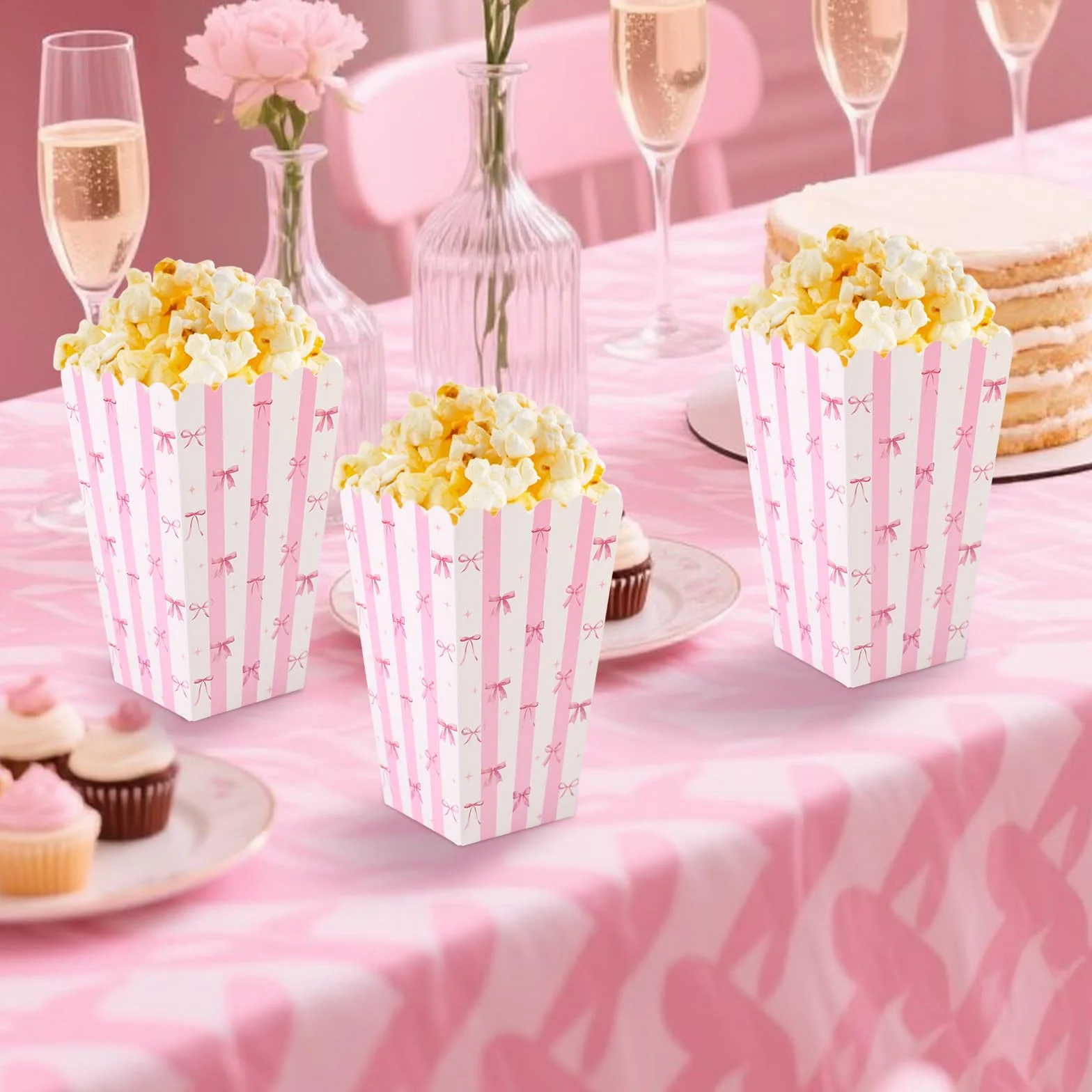BOXOB 24 Sztuki Różowych Pudełek na Popcorn z Kokardą, Małe Pudełka Przekąski Ciasteczka Cukierki Pojemniki na Popcorn dla Chłopców i Dziewcząt Artykuły Przyjęcia Urodzinowe (Białe i Różowe)
