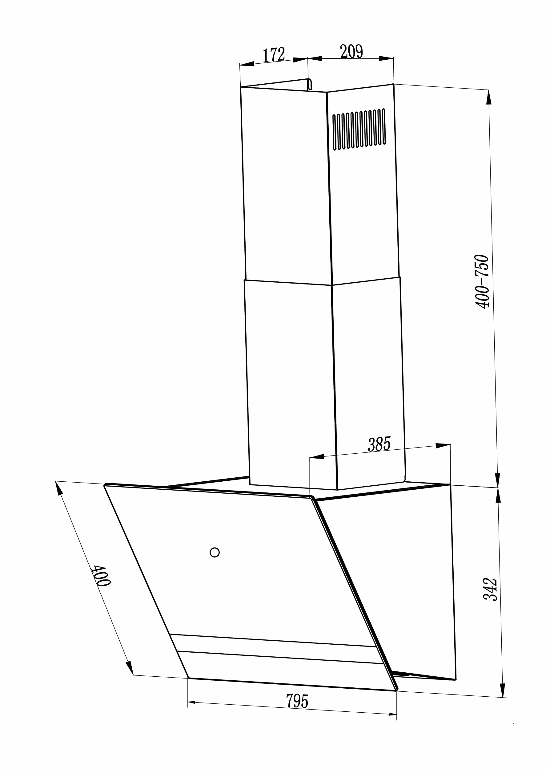 Respekta Okap wyspa bez kaptura/okap skośny 80 cm/metalowa rama z białym szklanym kloszem/funkcja wylotu i cyrkulacji powietrza/CH24080WM / A / 65 – 70 dB