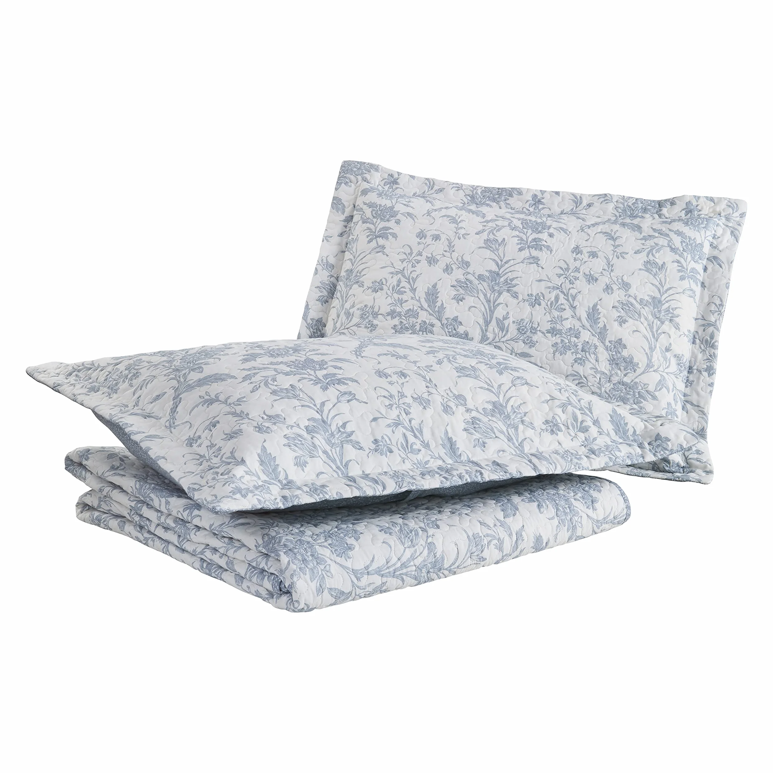 Laura Ashley Komplet pościeli z narzutą rozmiar King, bawełniany dwustronny zestaw pościeli z dodatkową poszewką na poduszkę, całoroczny wystrój domu, niebieski Amberley