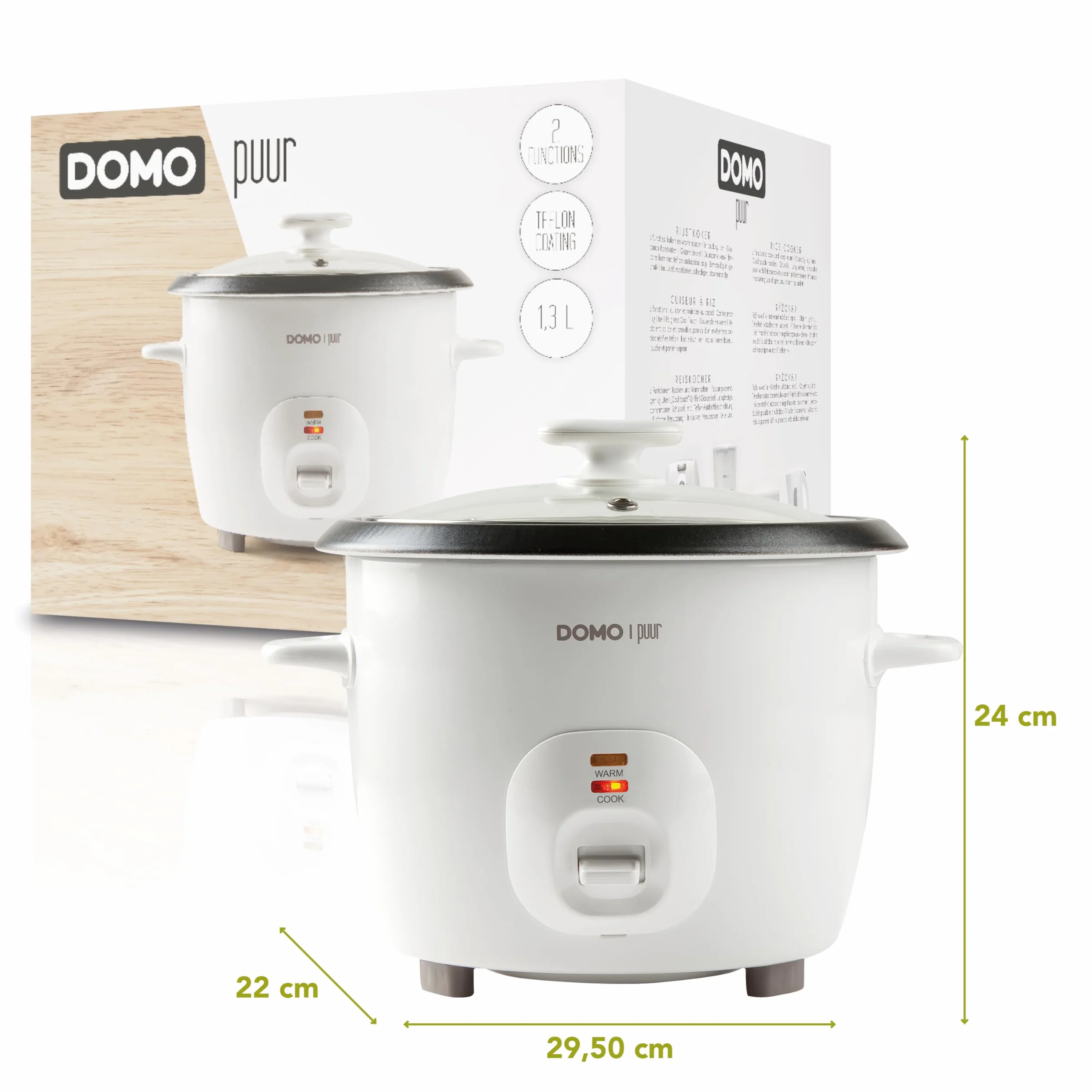 DOMO DO9176RK szybkowar do ryżu serii "Puur" – gotowanie i utrzymywanie ciepła – uchwyty Cool Touch – teflonowa powłoka nieprzywierająca – w zestawie kubek z miarką, kielnią i koszem parowym – 1,3 l