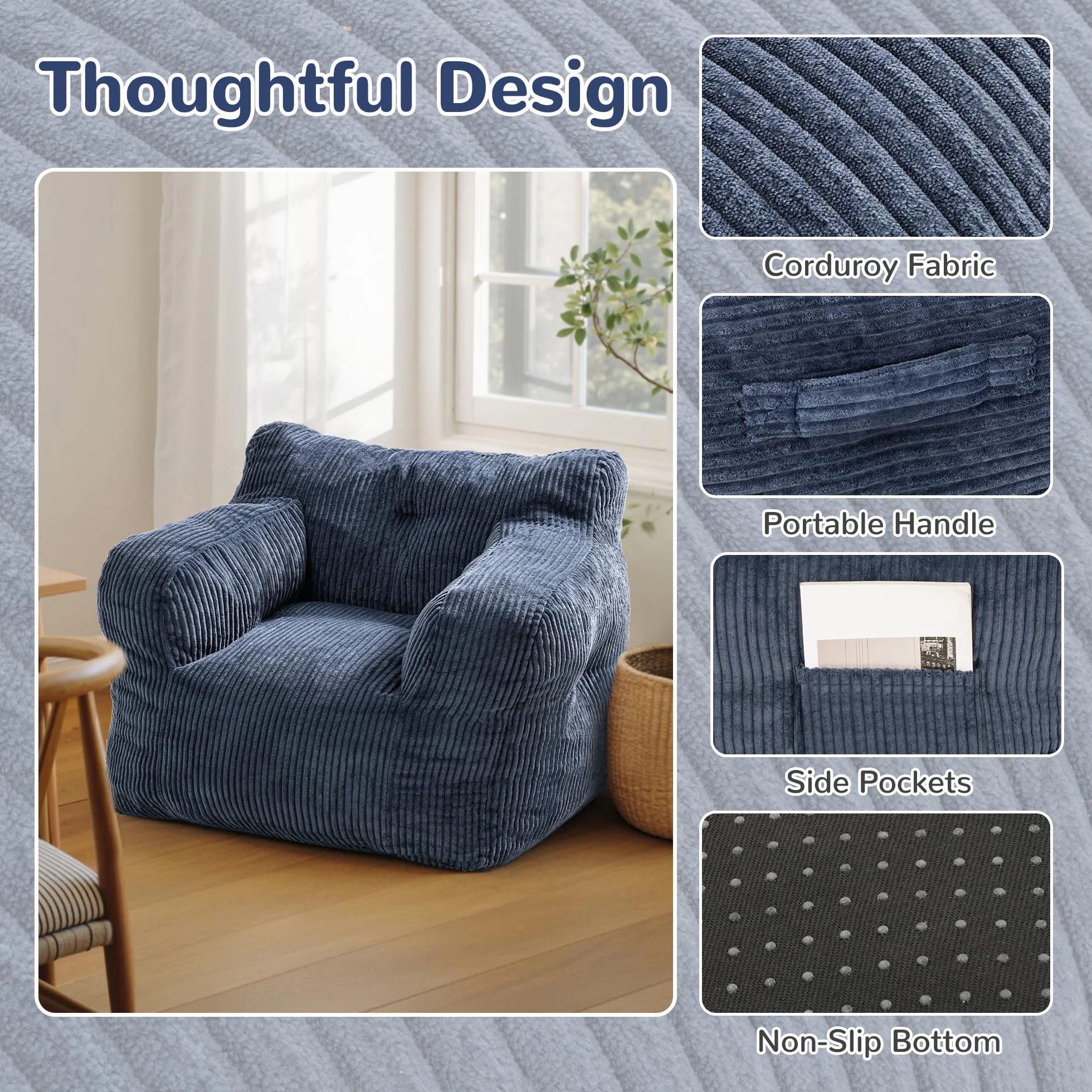 Pamapic Worek do siedzenia, worek do siedzenia dla dorosłych z wypełnieniem, Bean Bag Chair z przenośnym uchwytem, nowoczesny, ergonomiczny worek do siedzenia, do salonu, sypialni, pokoju zabaw