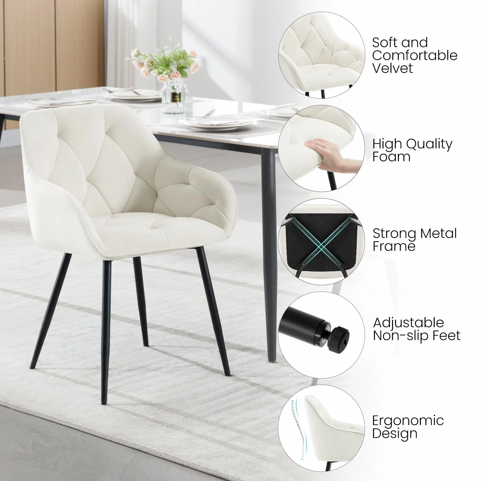 WOLTU 6 x krzesło do jadalni, kuchni, krzesło do jadalni, salonu, ergonomiczny fotel, krzesło z podłokietnikami, krzesło tapicerowane, siedzisko z aksamitu, metalowe nogi, kremowe, EZS02cm-6