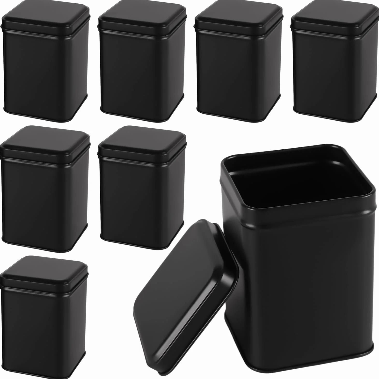 8 sztuk puszek na herbatę sypką, 7 x 7 x 10 cm, czarne pojemniki na herbatę z metalu, kwadratowe pudełko do przechowywania herbaty sypkiej