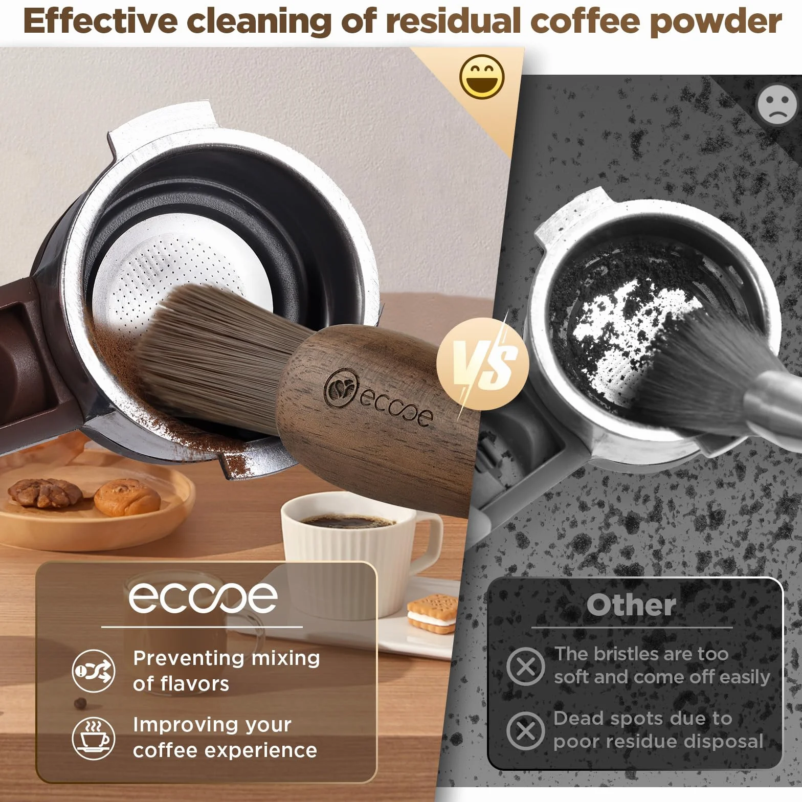 ecooe Pędzel Barista – wegański pędzel do kawy, szczotka do czyszczenia młynka do kawy lub sitka, akcesoria do ekspresu do kawy, pędzel do czyszczenia z drewnianym uchwytem, narzędzie do kawy dla