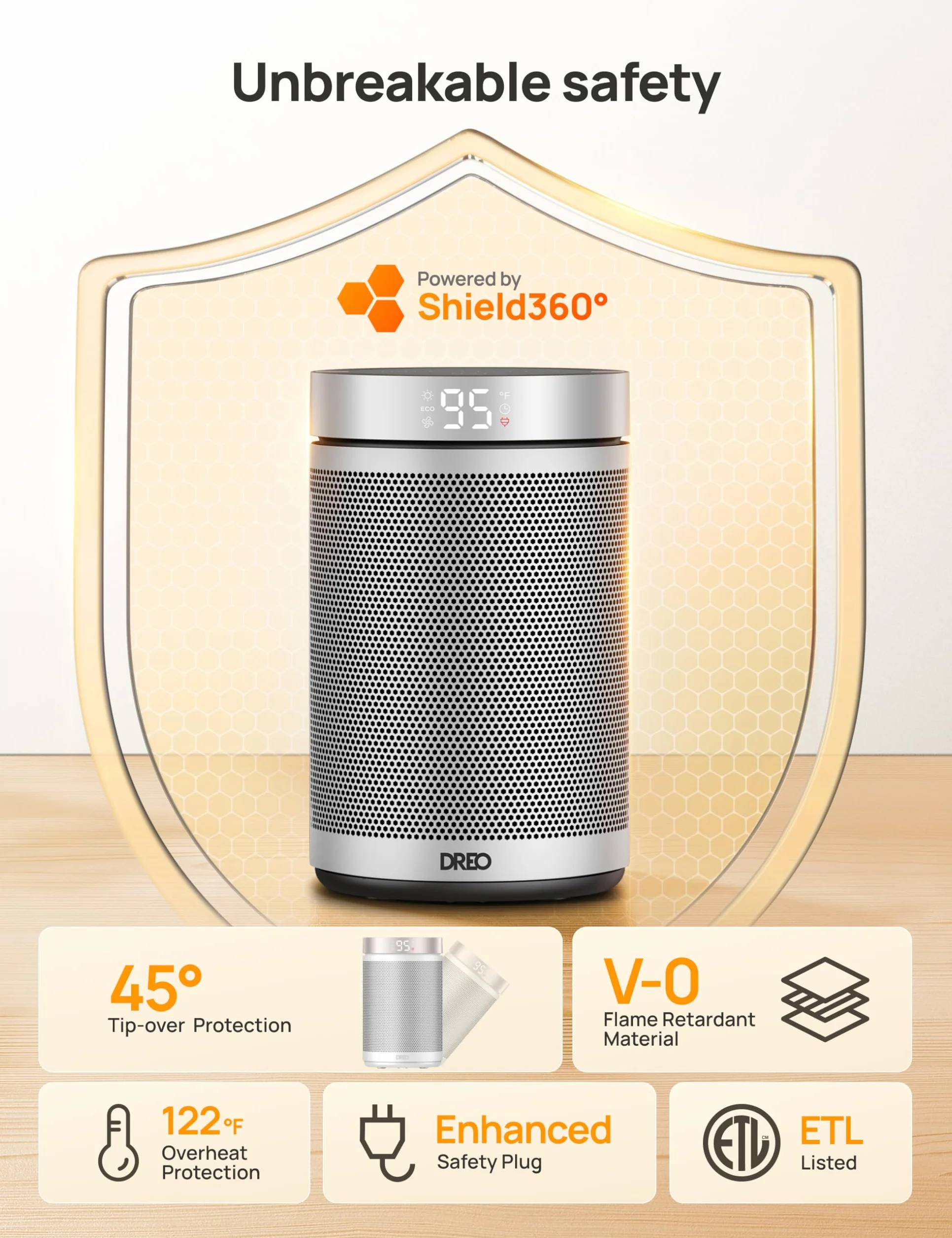 Dreo Atom 316 Energooszczędny termowentylator, 34 dB cichy 1500 W, elektryczny ceramiczny PTC, termostat, ochrona przed przegrzaniem i przewróceniem, timer 12 h, ogrzewanie elektryczne do pomieszczeń