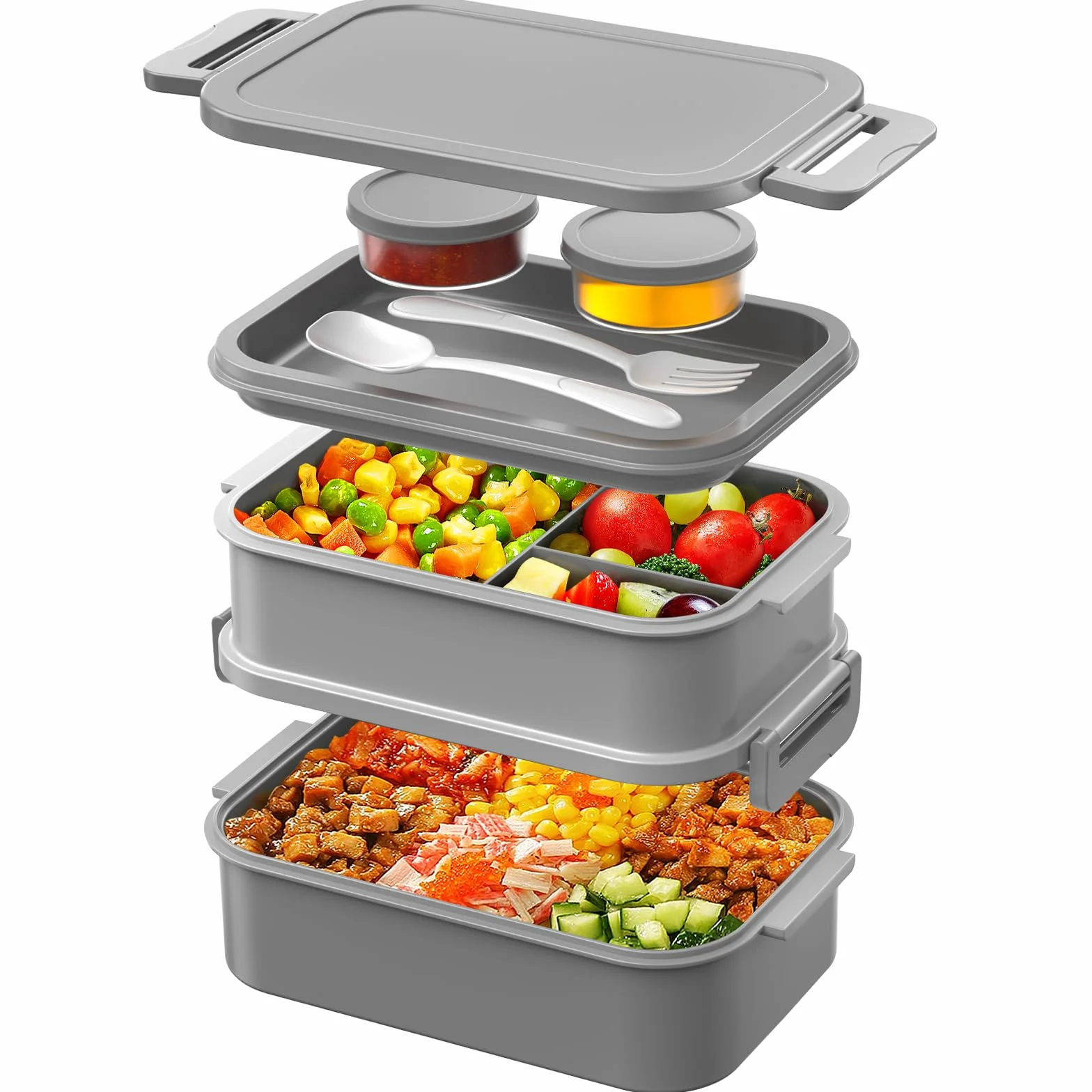 WayEee Pudełko na lunch dla dorosłych, 2130 ml, duża pojemność, pudełko na lunch Bento z przegródkami, 3 warstwy, szczelne pudełko Bento do biura, szkoły, szare