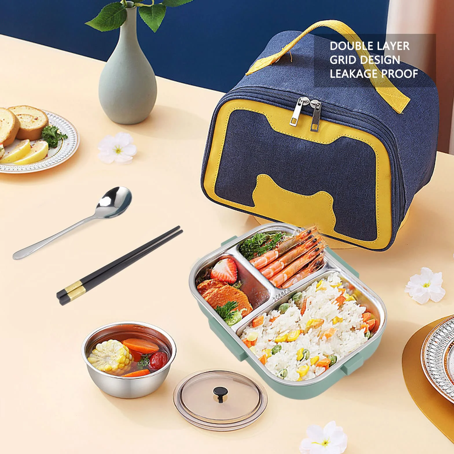 Bento Lunch Box, 1100ml Double Layer 3 Grid Design, 304 Thermal Lunch Box ze Stali Nierdzewnej z Pałeczkami Łyżka Miska na Zupę, Pojemnik na żywność dla Dzieci Studenci Dorośli(Zielony)