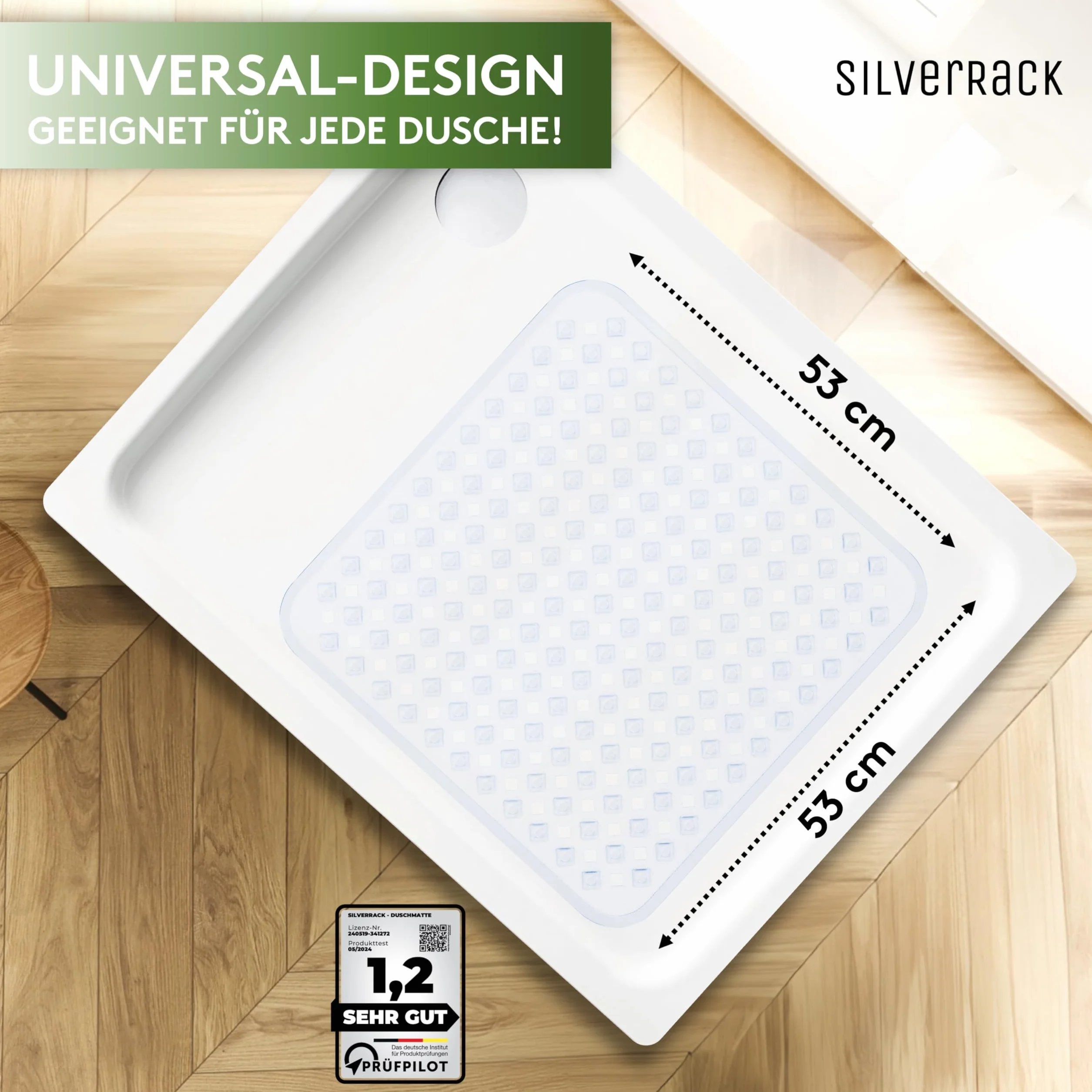 SilverRack Antypoślizgowa mata prysznicowa, 53 x 53 cm (biała RAUTEN) – mata antypoślizgowa pod prysznic bez BPA dla dzieci – mata łazienkowa do prania w pralce i odporna na pleśń – antypoślizgowa