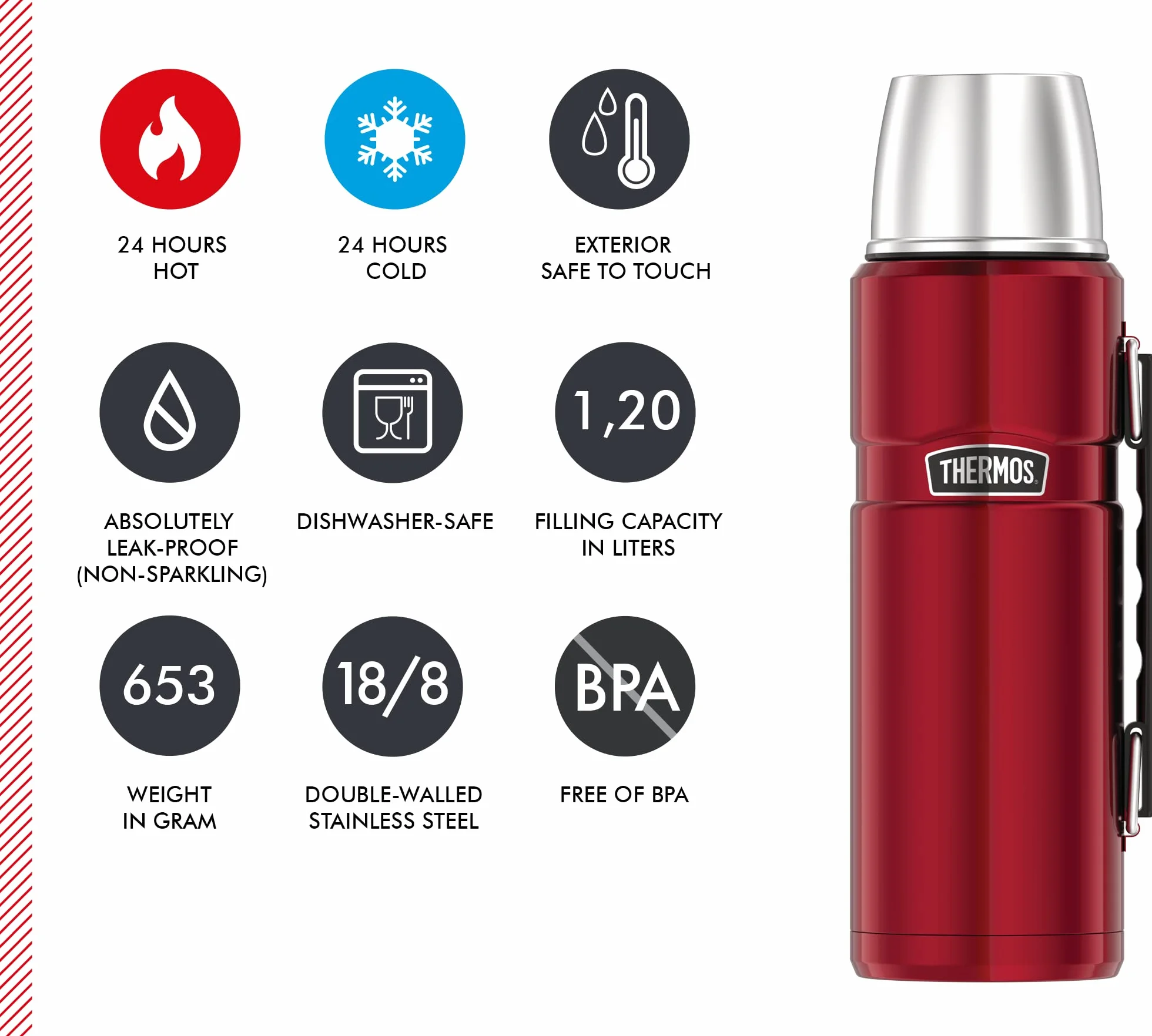 Thermos Stainless King Termos, Czerwony (Cranberry), 1.2L