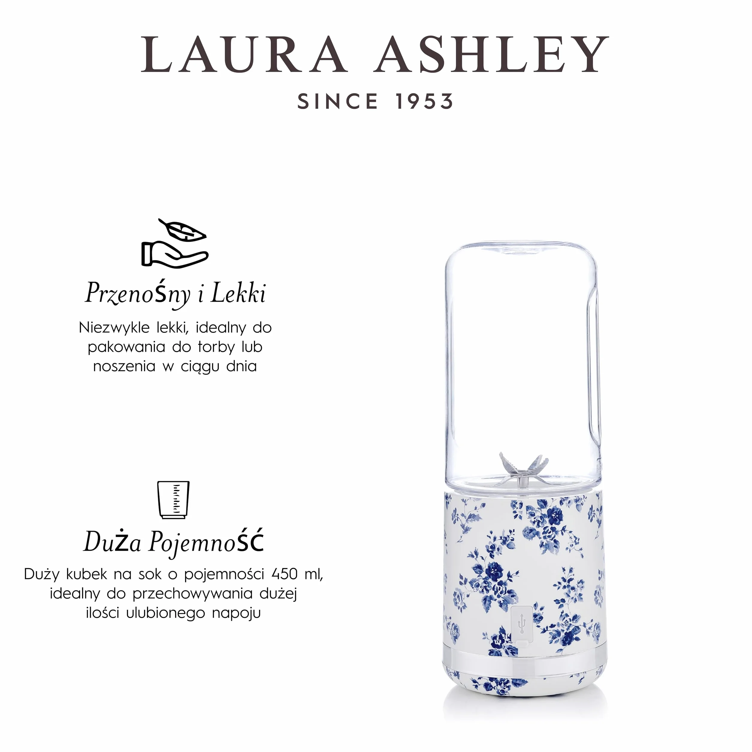Laura Ashley China Rose Przenośny blender do smoothie 450 ml z butelką USB