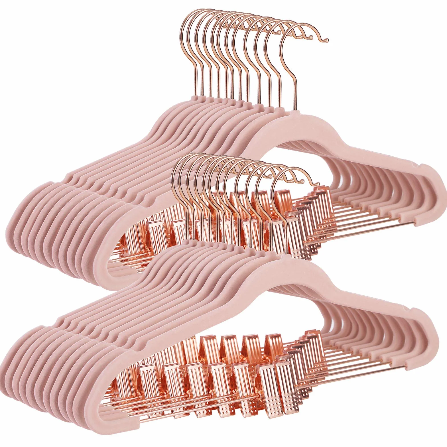 SONGMICS Grucce spodnie, 24 szt., 42 cm, wieszaki z regulowanymi szczypcami i hakiem złoty kolor, aksamitne wieszaki antypoślizgowe, oszczędność miejsca, do spódnic, jasnoróżowy CRF14PK24, standardowy