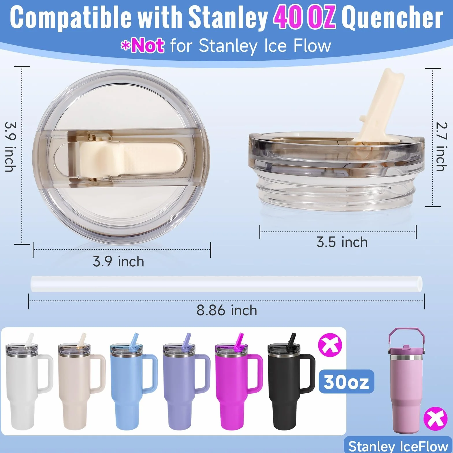 ROMANVIC Stanley Cup pokrywka szczelna, 2 szt. zdejmowanych wymiennych pokrywek z przerzucaną słomką do kubków 40oz (1,18 l) z 2 słomkami, 1 szczotką do słomki i 1 narzędziem do demontażu, pokrywka