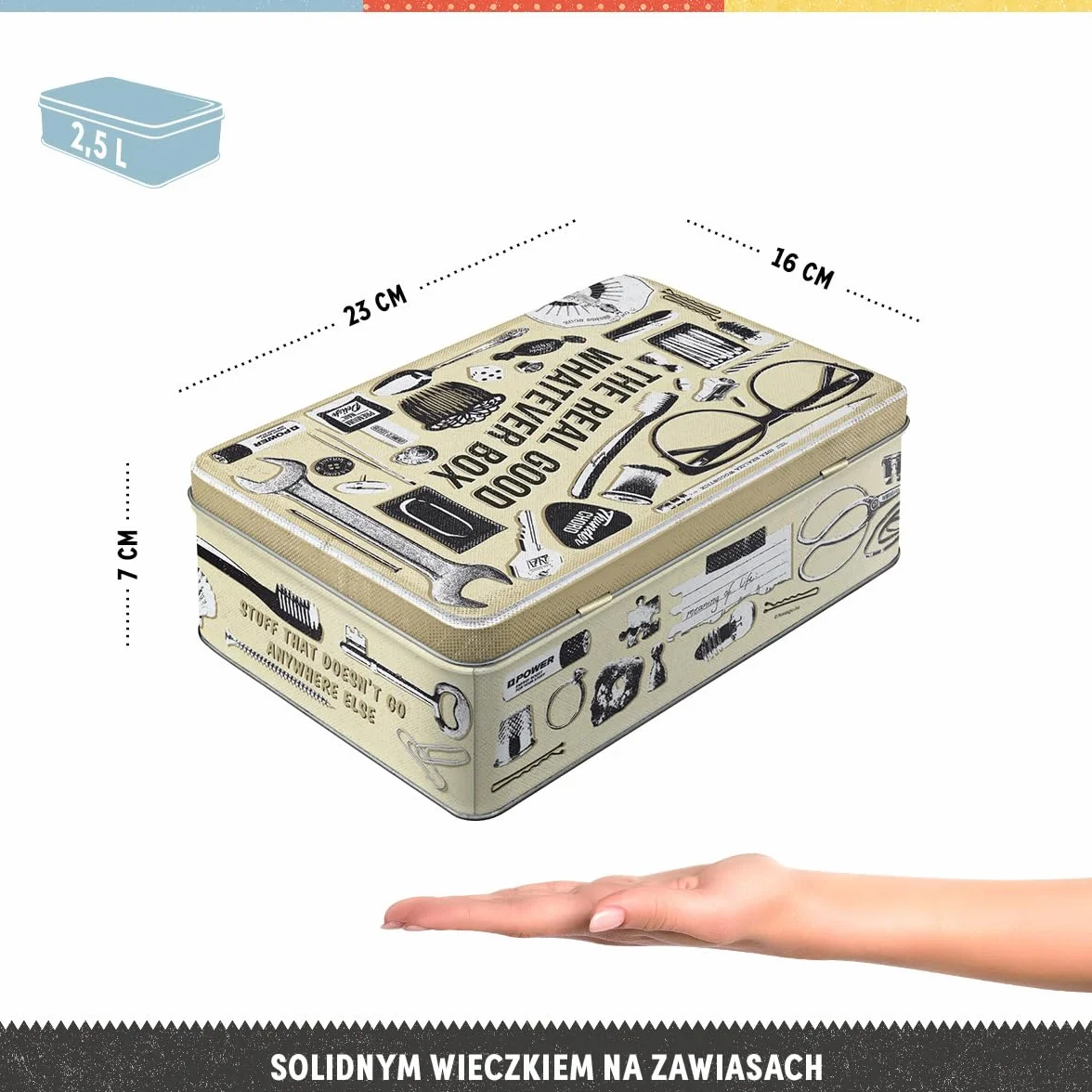 Nostalgic-Art Retro puszka płaska, 2,5 l, Whatever Odds & Ends Box – Pomysł na prezent do domu, metalowy pojemnik z pokrywką, Styl vintage
