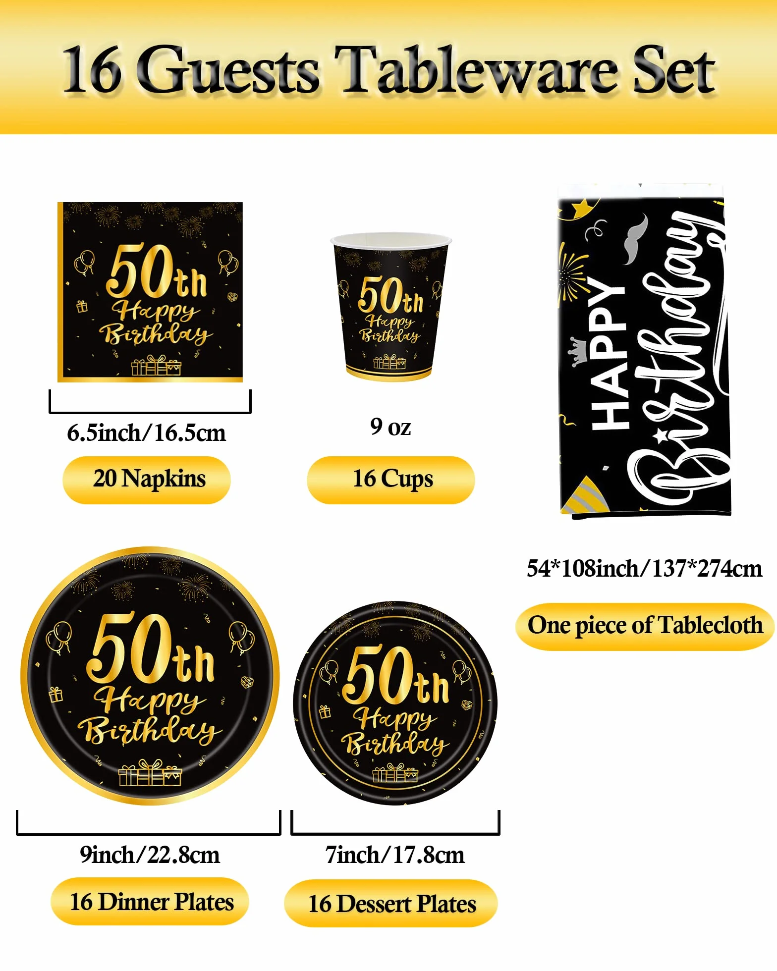 TOPWAYS Czarno-złoty jednorazowy talerz dekoracja na 50 urodziny, zestaw naczyń jednorazowych, jednorazowych talerzy na kubki, obrus do dekoracji na 50 urodziny, dla kobiet i mężczyzn, 16 gości (50