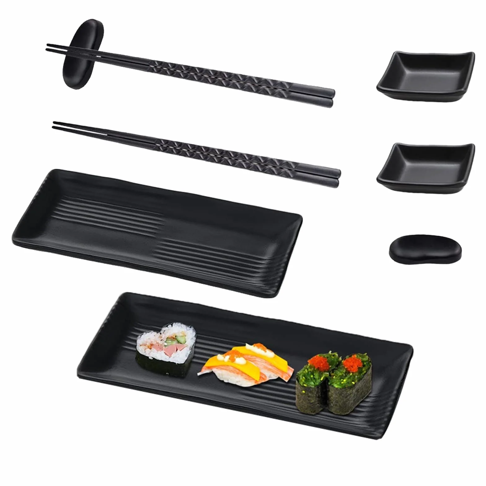 Talerz do sushi z miseczkami do dipów, naczynia do sushi z pałeczkami, japońskie talerze do sushi, zestaw azjatyckich naczyń, z 2 parami pałeczek, 2 półkami, 2 talerze, 2 talerze, czarny