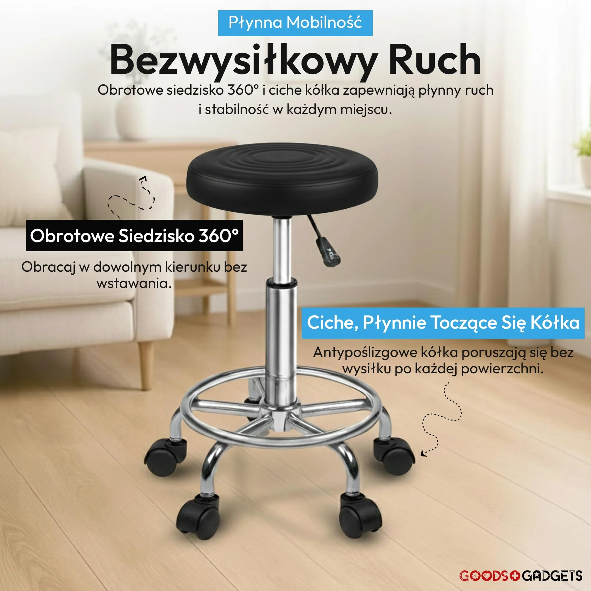 Ergonomia Rolowany stołek roboczy obrotowy z regulacją wysokości Czarny