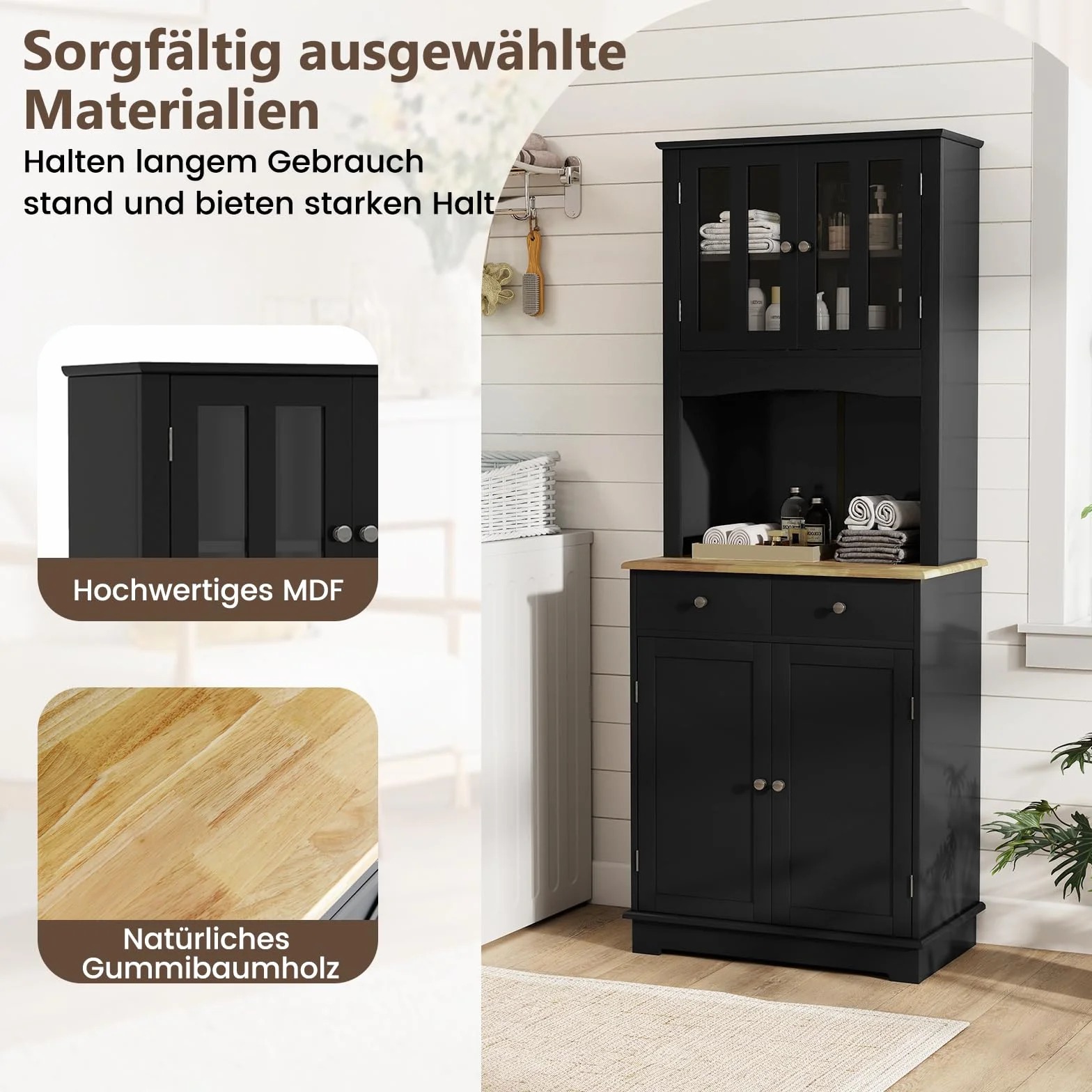 COSTWAY szafka kuchenna wysoka, 170 cm szafka bufetowa drewniana, szafka wysoka z 2 szufladami i regulowanymi półkami i drzwiami szklanymi i otworem na kable, szafka bufetowa wolnostojąca, bufet do