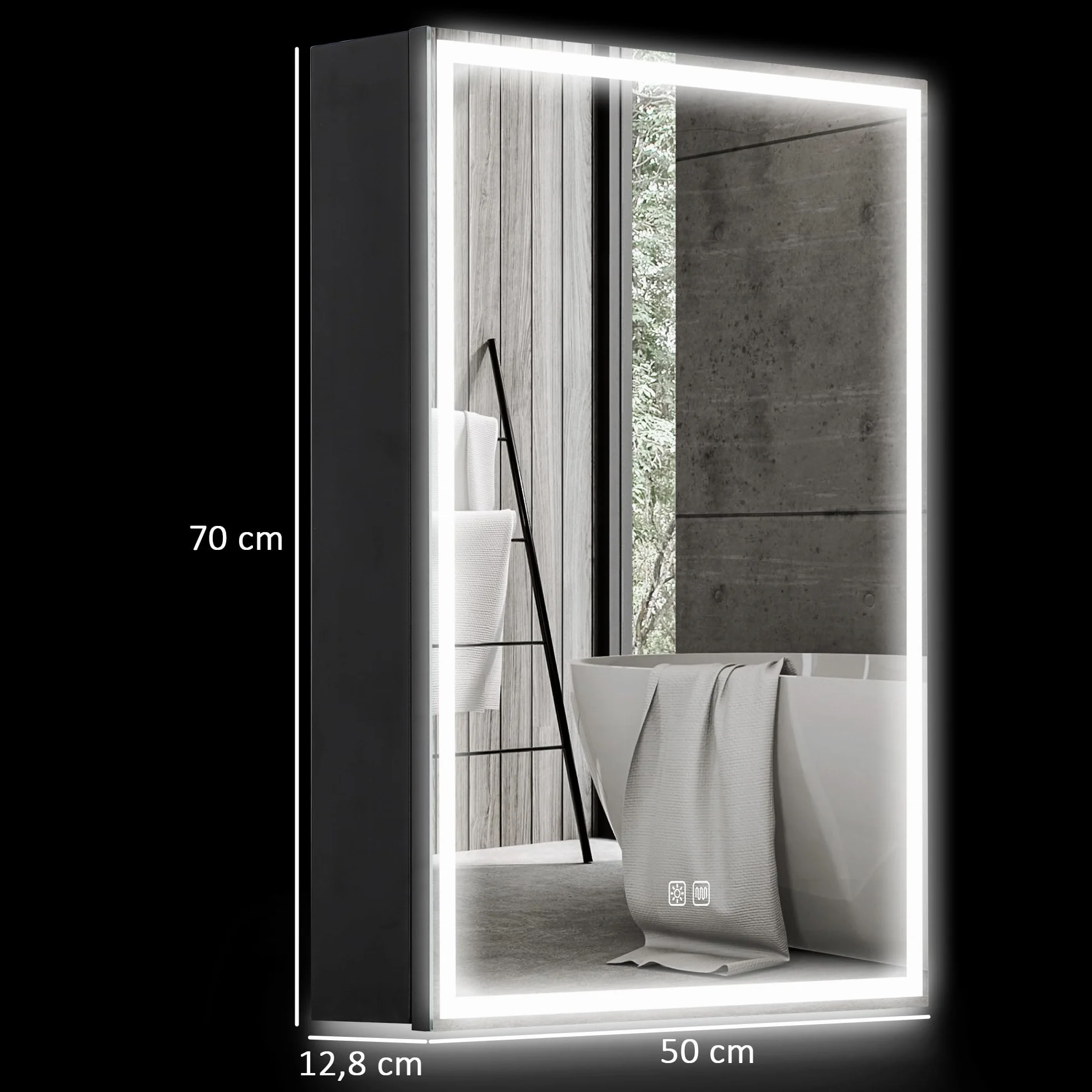 HOMCOM Szafka łazienkowa z lustrem z oświetleniem LED, szafka łazienkowa z lustrem, gniazdko, 50 x 12,8 x 70 cm, szafka wisząca z regulowaną półką, funkcja zapobiegająca zaparowaniu, 3 kolory światła